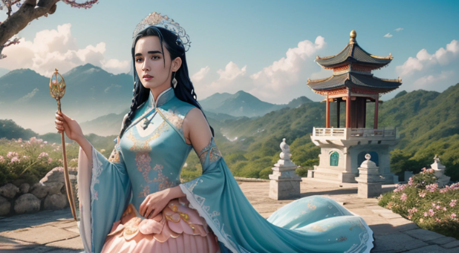 ((melhor qualidade)), ((obra-prima)), (detalhado), Empress Dragon "Jennifer Connelly", olhos realistas, cabelo preto, olhos azuis, seios pequenos, vestido de setin koreano sensual, paisagem maligna, ethereal beauty, (Fantasy Illustration:1.3), olhar encantador, pose cativante, garota solo, charme sobrenatural, mystical sky, gazebo,(escultura em papel:1.5),Stooping, (Mar de nuvens brancas:1.3), (nuvens brancas:1.3), (peach blossom:1.2), Montanhas, soft lighting,Elementos Orientais, sonhador, pastels colors, cores brilhantes, Traditional Chinese color scheme, ( Reasonable design, linhas claras, alta nitidez,melhor qualidade, Very detailed, master part, arte oficial, Efeito de luz do filme, 4k ),