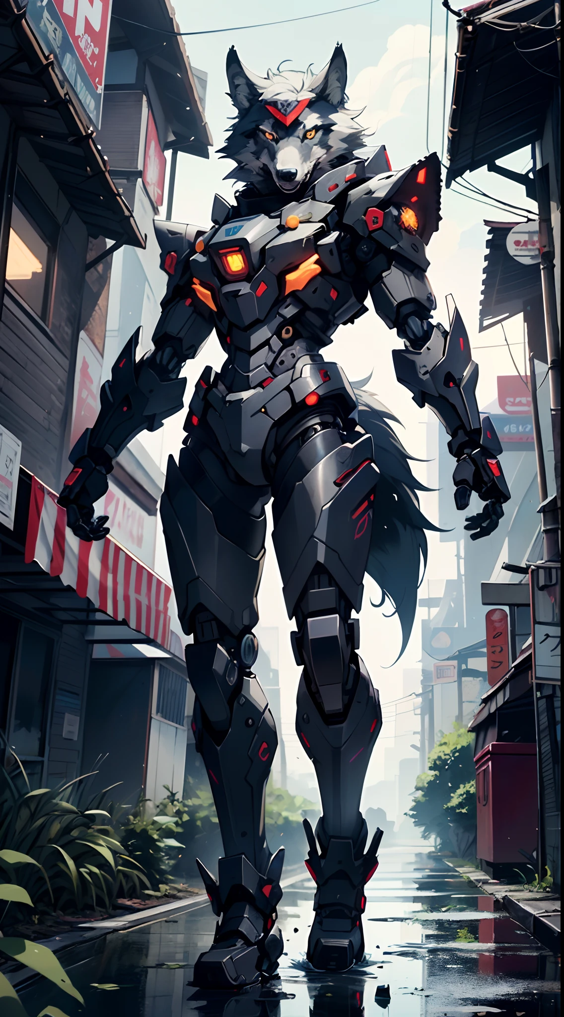 (((A mechanical wolf,cyborg wolf,cyborg-wolf,animal,wolf robot))),no human,detailed wolf,intricate mechanic wolf,robot animal,
epic, highly detailed full body of a gigantic feral mecha canine, sharp metal claws, cannon mounted on back, sleek armor, glowing visor, furry art, zoids art, furaffinity, sofurry,
(dynamic pose:1.0),solo focus,(centered,scale to fit dimensions,Rule of thirds),
cyberpunk city by the ocean at night, with bright neon signs and dark stormy clouds and puddles, scenery:1.25,
highres, sharp focus, (ultra detailed, extremely detailed), (photorealistic artwork:1.37),(extremely detailed CG unity 8k wallpaper),((synthwave background theme)),(((vibrant colors))),(intricate background),(masterpiece),(best quality),
