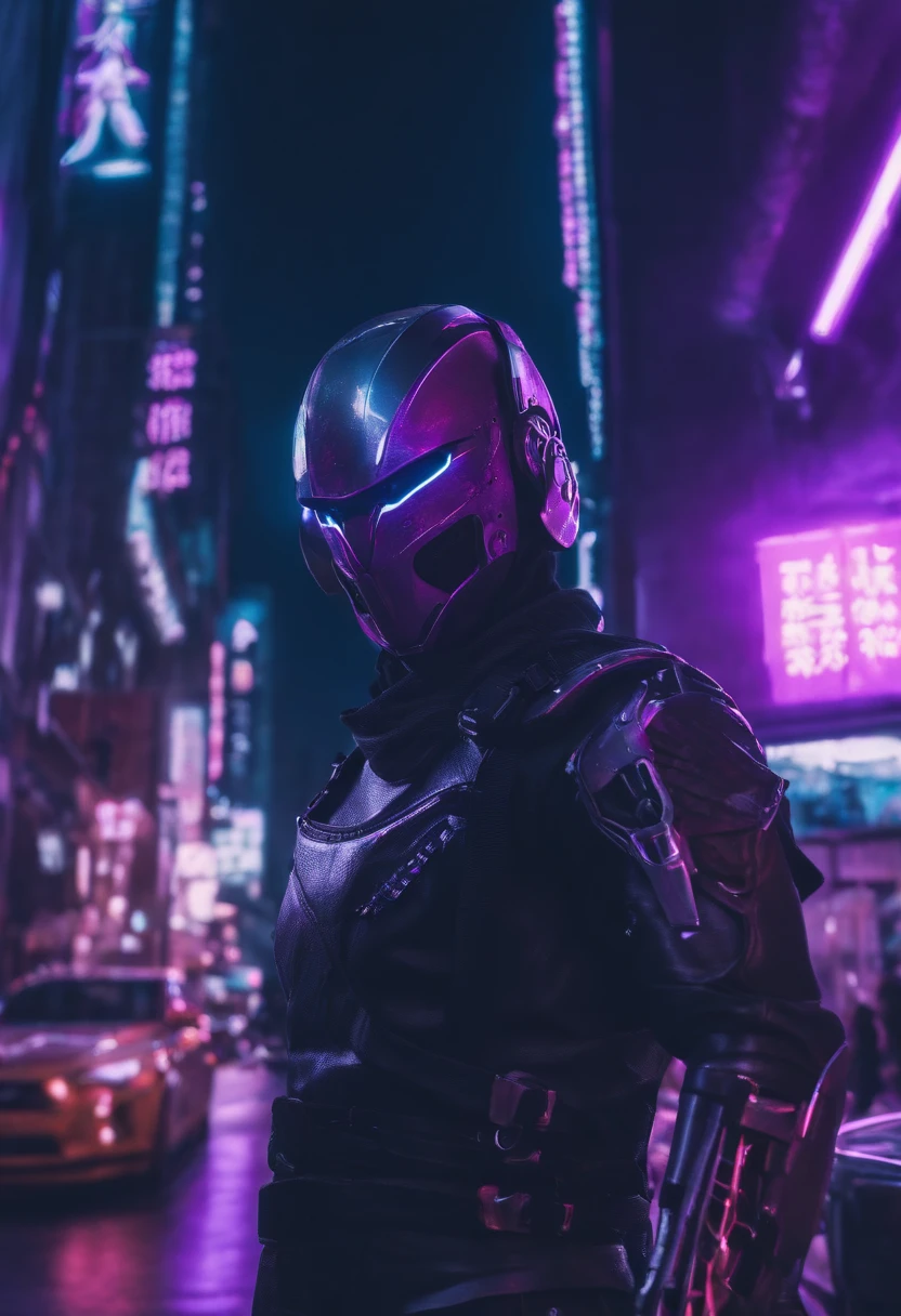 cyberpunked、male people、Half body machine、cyborgs、Full Metal Mask、Near Future Ninja　Awesome assassin　purple tone　Knife in left hand　Lonely heights　Killing Machine　neon light　masutepiece　Super beautiful