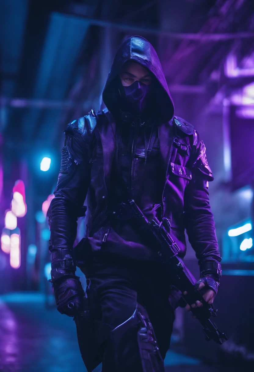 cyberpunked、male people、Half body machine、cyborgs、Full Metal Mask、Near Future Ninja Awesome assassin purple tone Knife in left hand Lonely heights Killing Machine neon light masutepiece Super beautiful