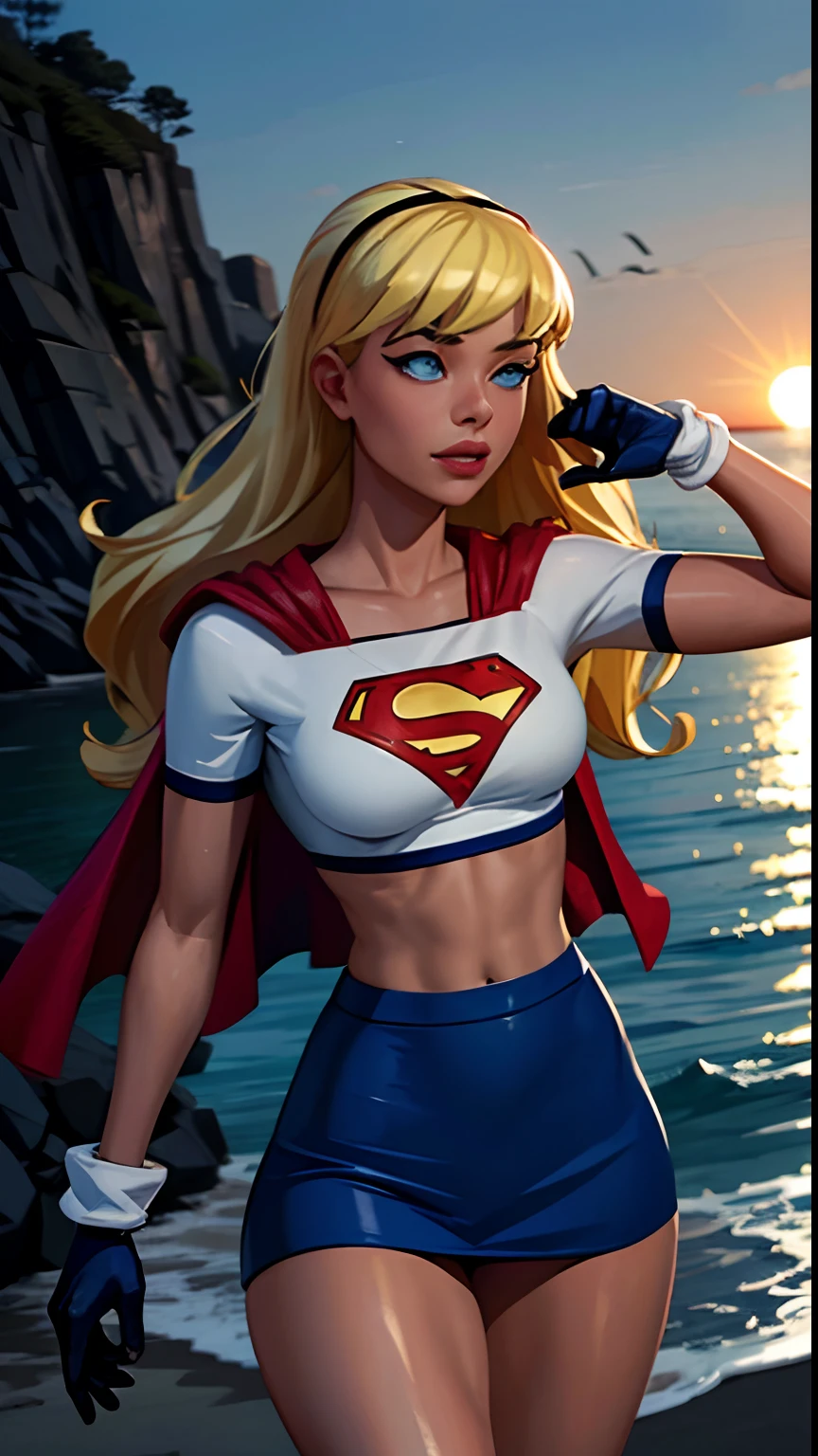 (cowboy shot), SFW, (masterpiece), (best quality: 1.0), (ultra highres: 1.0), detailed eyes,
BREAK
Supergirl, 1girl, long blonde hair, in the air, flying
hair band, \(blue\) crop top, bra, micro bikini, gloves, boots
BREAK
(Morning sun, beautiful beaches, beautiful trees, stunning view)