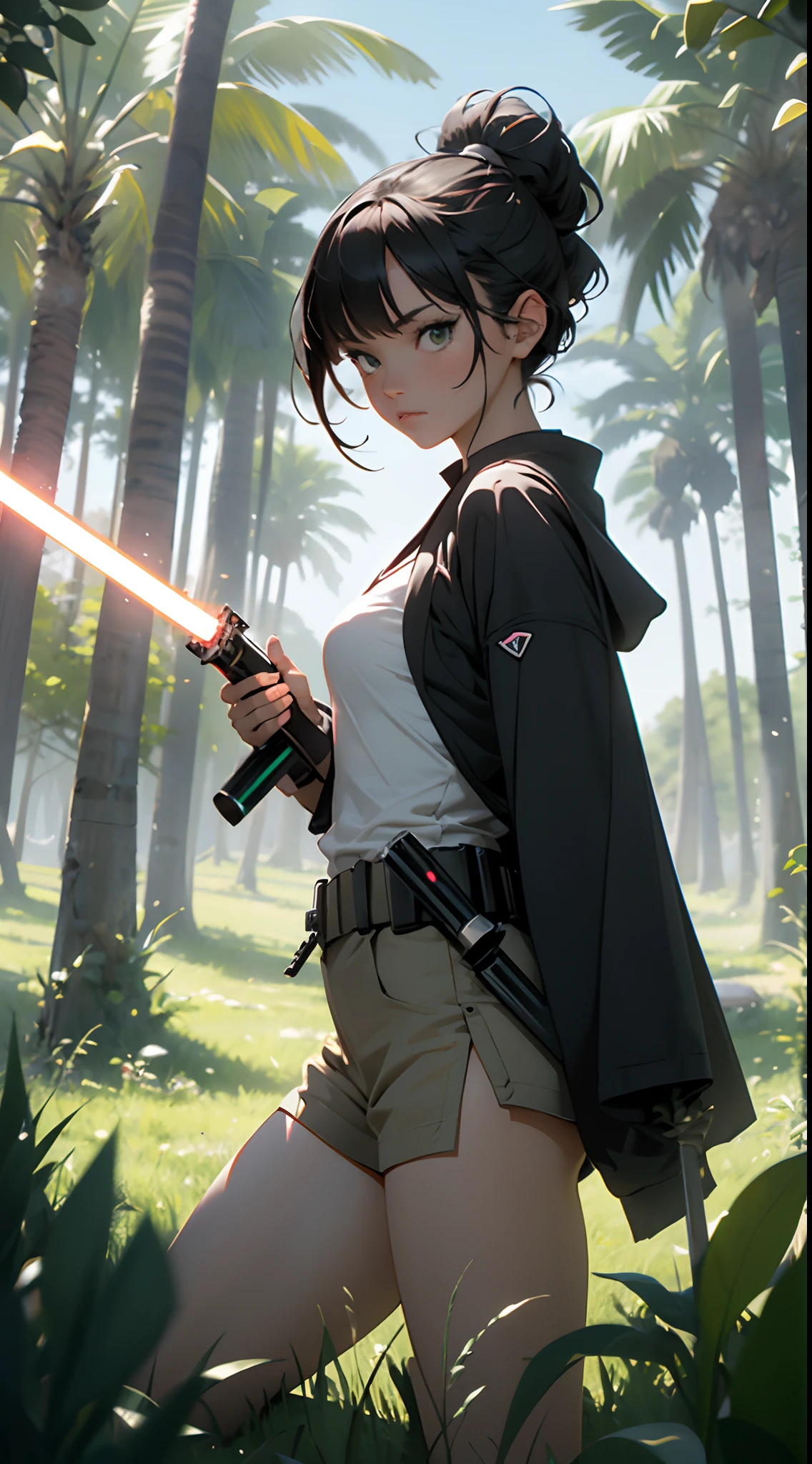 Girl jedi holding a lightsaber fight pose, grass, green, epic shot, ,