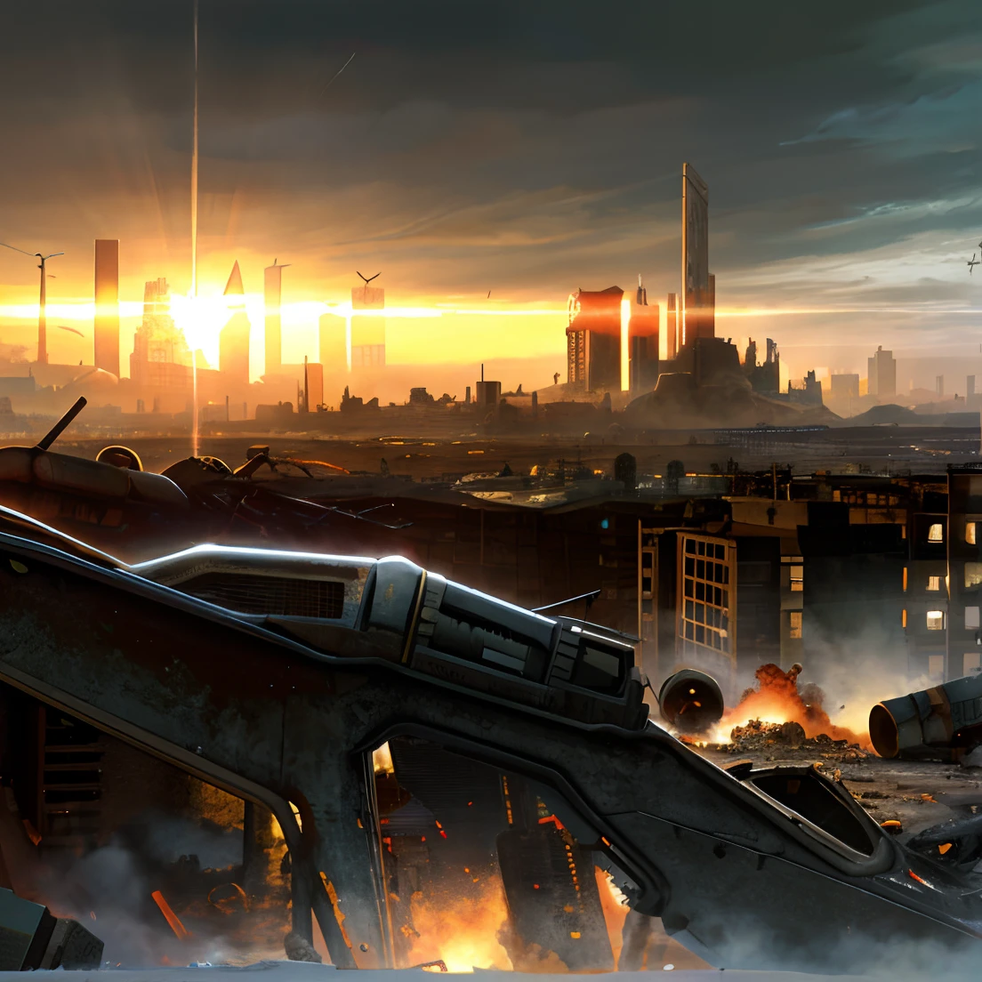 apocalyptic art, apocalyptic scene, dystopian future, destroyed city in the background, apocalyptic landscape, Sylvain Sarrail e Igor Morski, dystopian digital art, scenic dystopian environment, apocalyptic scenery, post apocalyptic landscape, realistic apocalyptic war scene, ! paisagem do apocalipse!!, Pintura escura pessimista, apocalyptic ambience, Armageddon apocalyptic scene with a destroyed modern city in the background