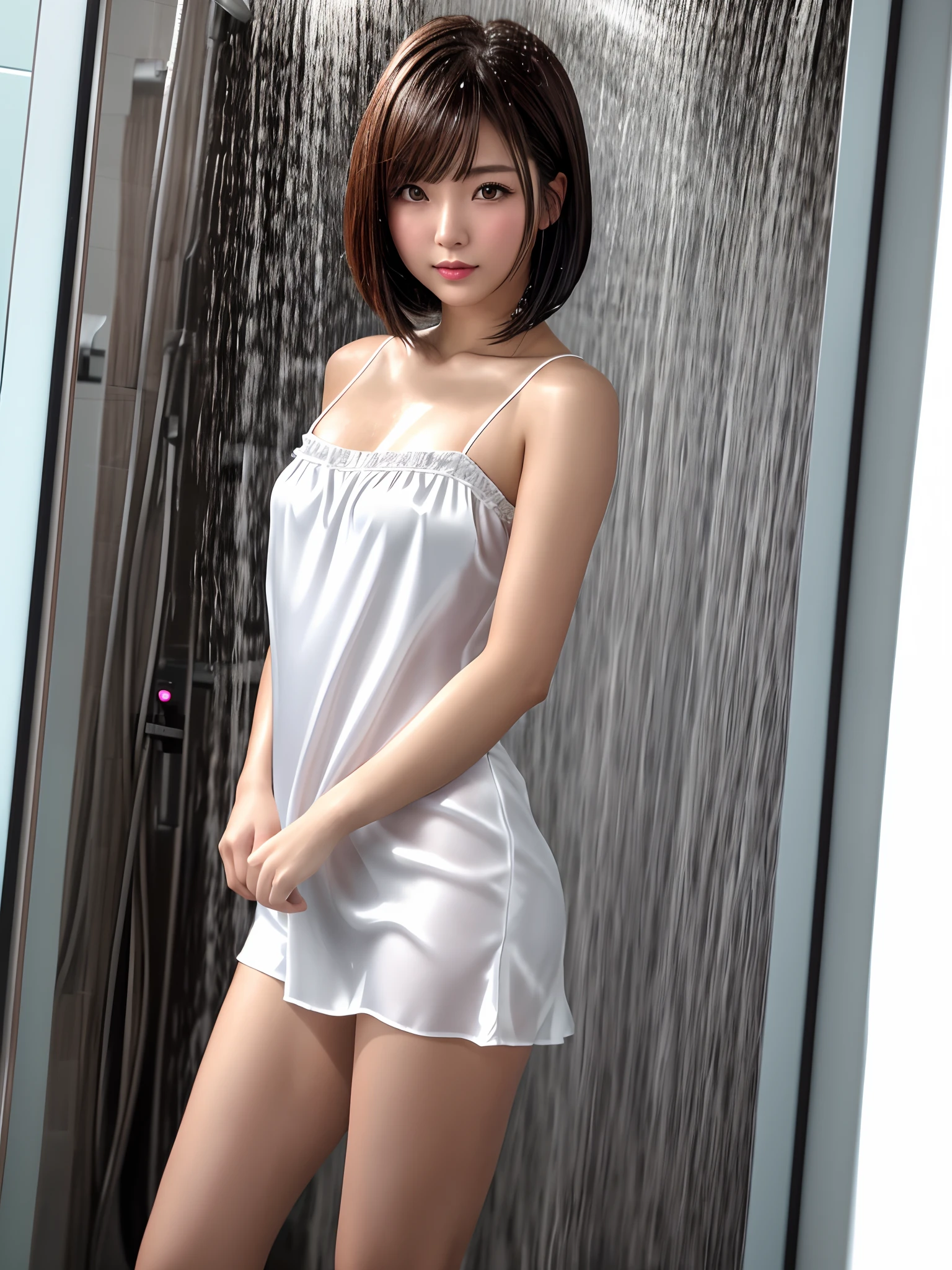 product quality, 1 girl, a cowboy shot, front view, a Japanese young pretty girl, bob hair, standing in a shower room, glamorous figure, wearing only a shiny satin white chemise with laces, hyper cute face, glossy lips, double eyelids for both eyes, natural makeup, shiny smooth light brown bob hair, asymmetrical bangs, high resolution, high detailing, detailed hairstyle, detailed face, cinematic lighting, octane rendering, vibrant, hyper realisitic, perfect limbs, perfect anatomy
