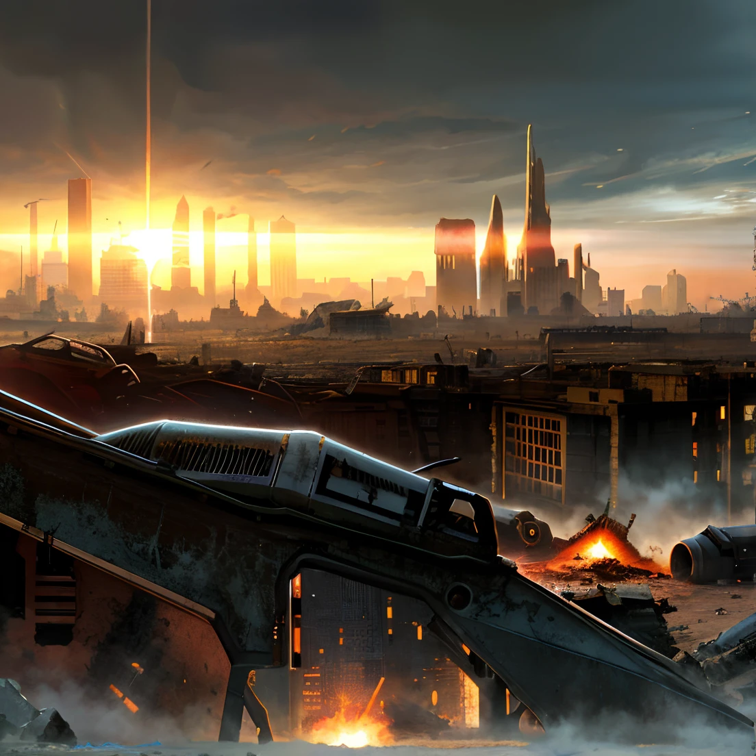 apocalyptic art, apocalyptic scene, dystopian future, destroyed city in the background, apocalyptic landscape, Sylvain Sarrail e Igor Morski, dystopian digital art, scenic dystopian environment, apocalyptic scenery, post apocalyptic landscape, realistic apocalyptic war scene, ! paisagem do apocalipse!!, Pintura escura pessimista, apocalyptic ambience, Armageddon apocalyptic scene with a destroyed modern city in the background