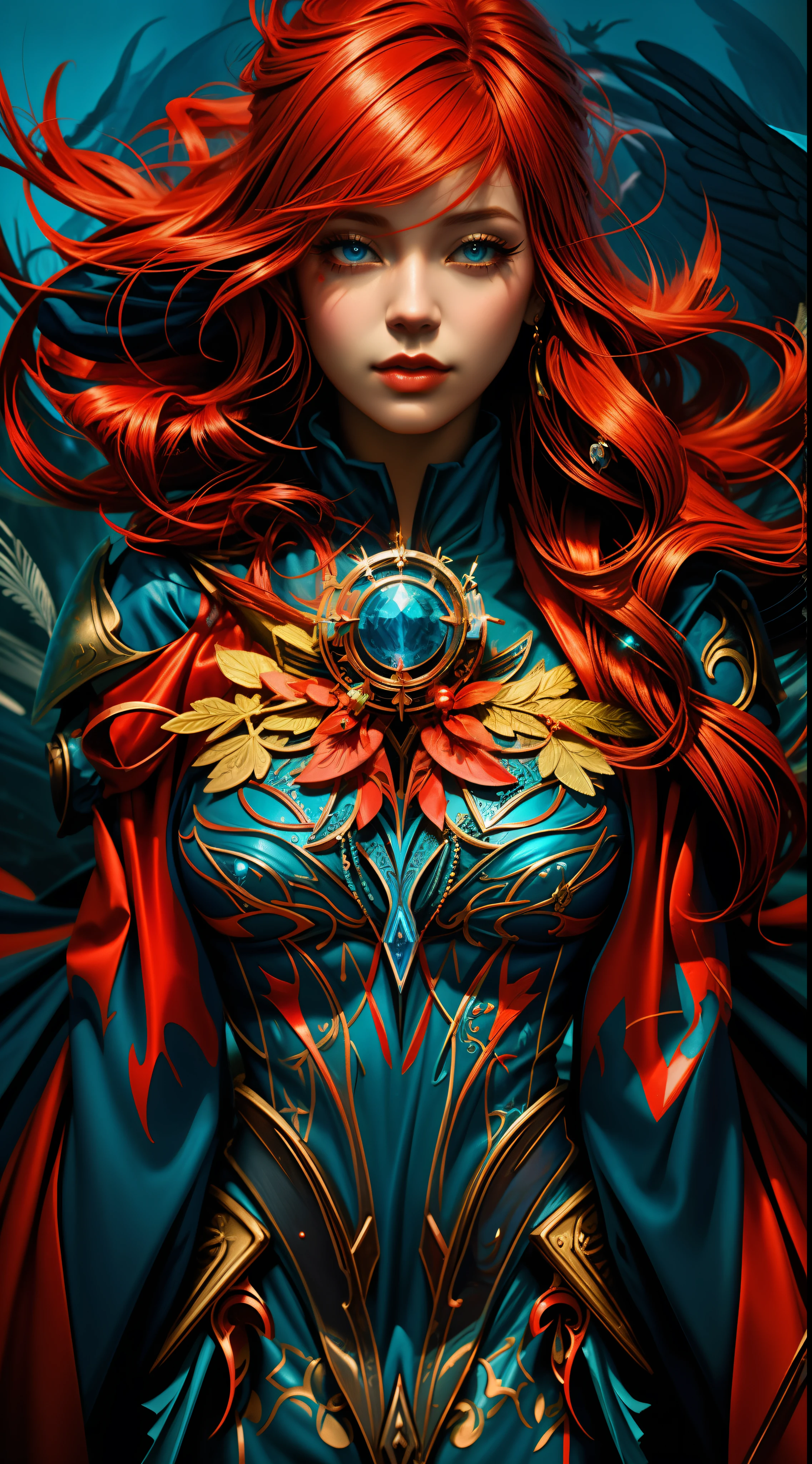 A woman with red hair and a blue body with a bird on her chest, arte de fantasia detalhada, Arte de fantasia 4k, arte digital de fantasia detalhada, arte estilo fantasia, arte de fantasia digital 2d detalhada, epic fantasy HD art style, Epic Fantasy Digital Art Style, Epic fantasy art style, Arte digital detalhada em 4k, epic exquisite character art, epic fantasy art