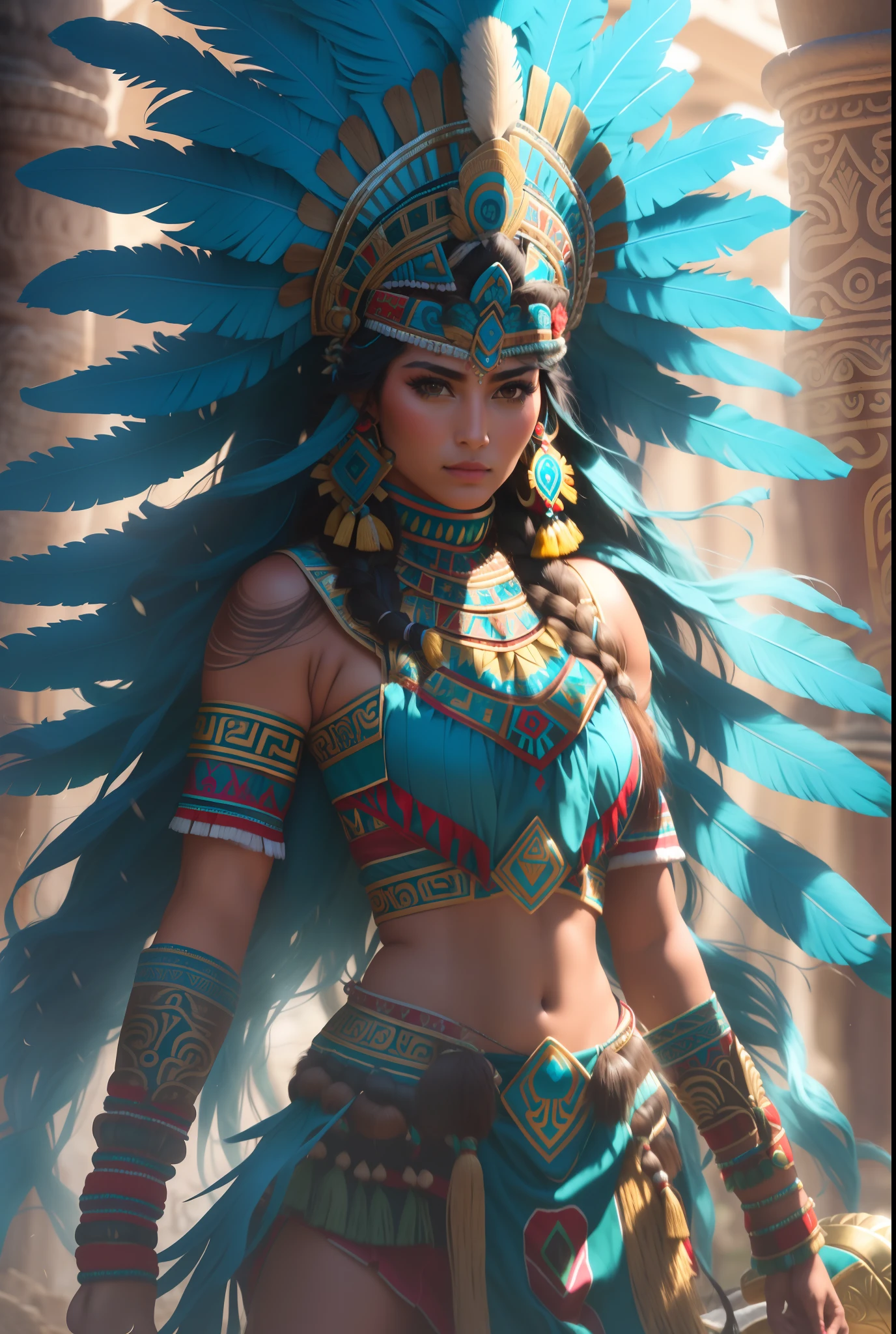 Un primer plano de una mujer con un disfraz con plumas, Diosa guerrera azteca, Retrato de la princesa azteca, Reina azteca, Guerrero azteca, Emperatriz azteca, Diosa del Sol Azteca, Sacerdotisa Maya, Guerrero azteca, Aztec mythology, Guerrero Yaotl azteca, beautiful young wind spirit, Aztec princess fights barbarians, Un guerrero azteca, Chica guerrera, Guerrero aviar