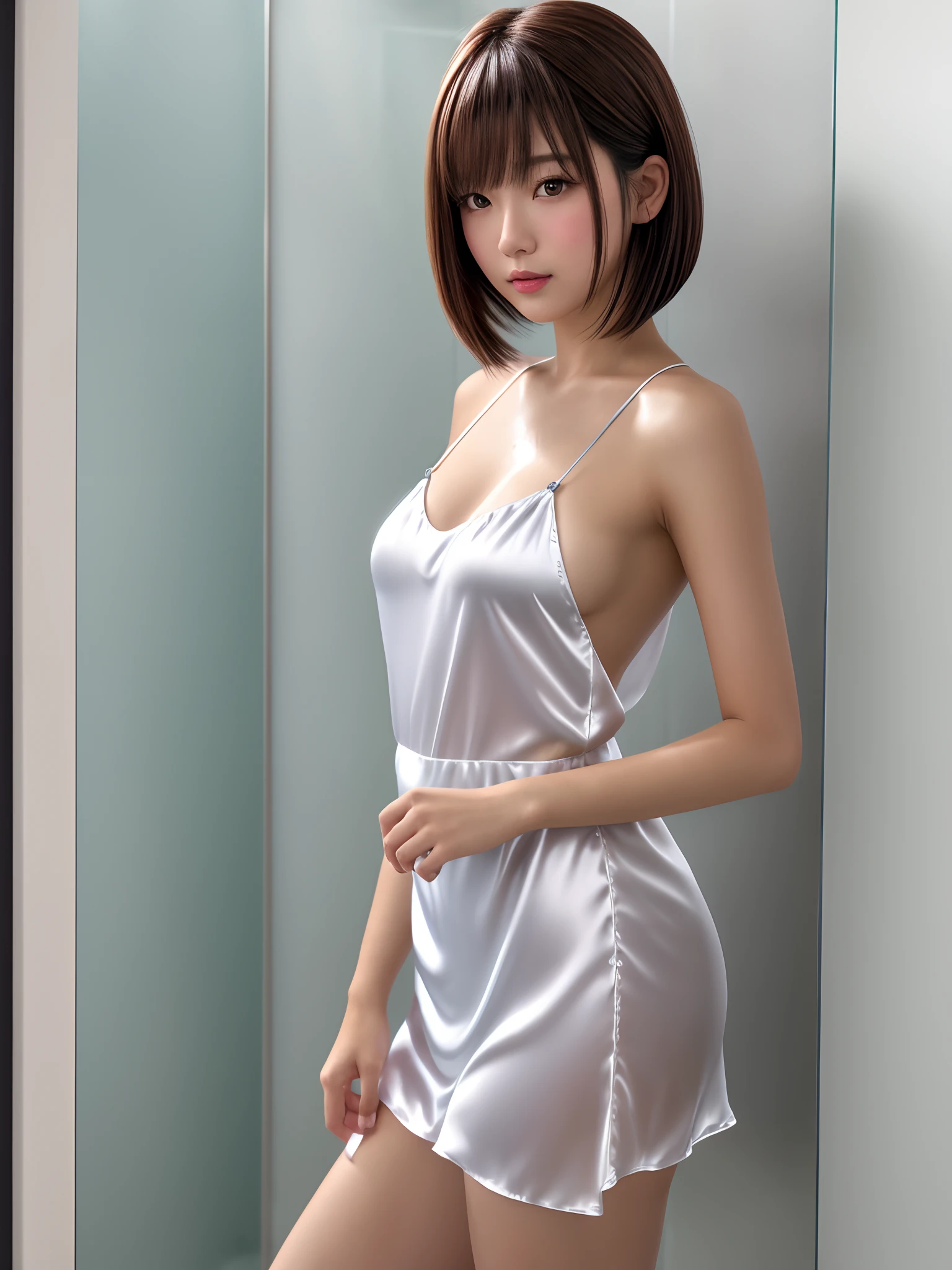 product quality, 1 girl, a cowboy shot, front view, a Japanese young pretty girl, bob hair, standing in a shower room, glamorous figure, wearing only a shiny satin white chemise with laces, hyper cute face, glossy lips, double eyelids for both eyes, natural makeup, shiny smooth light brown bob hair, asymmetrical bangs, high resolution, high detailing, detailed hairstyle, detailed face, cinematic lighting, octane rendering, vibrant, hyper realisitic, perfect limbs, perfect anatomy