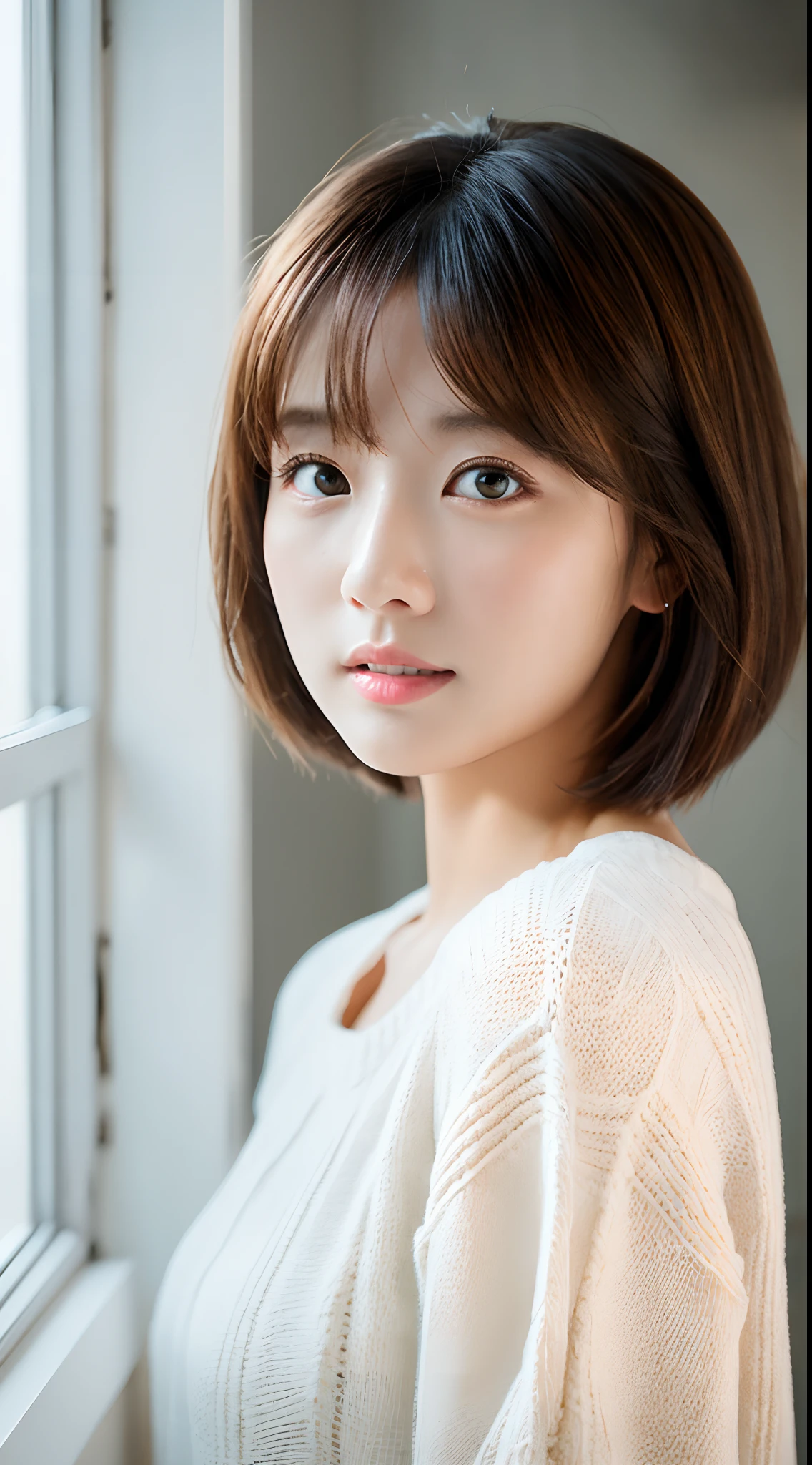 （(​masterpiece:1.4、top-quality))、(photographrealistic:1.4)、profetional lighting、physically-based renderingt,Medium Hair,hair wavy、extra detailed face、Detailed skin、(Beautiful japanese girl:1.05)、thin bunches of bangs、knit、White Room、white walls