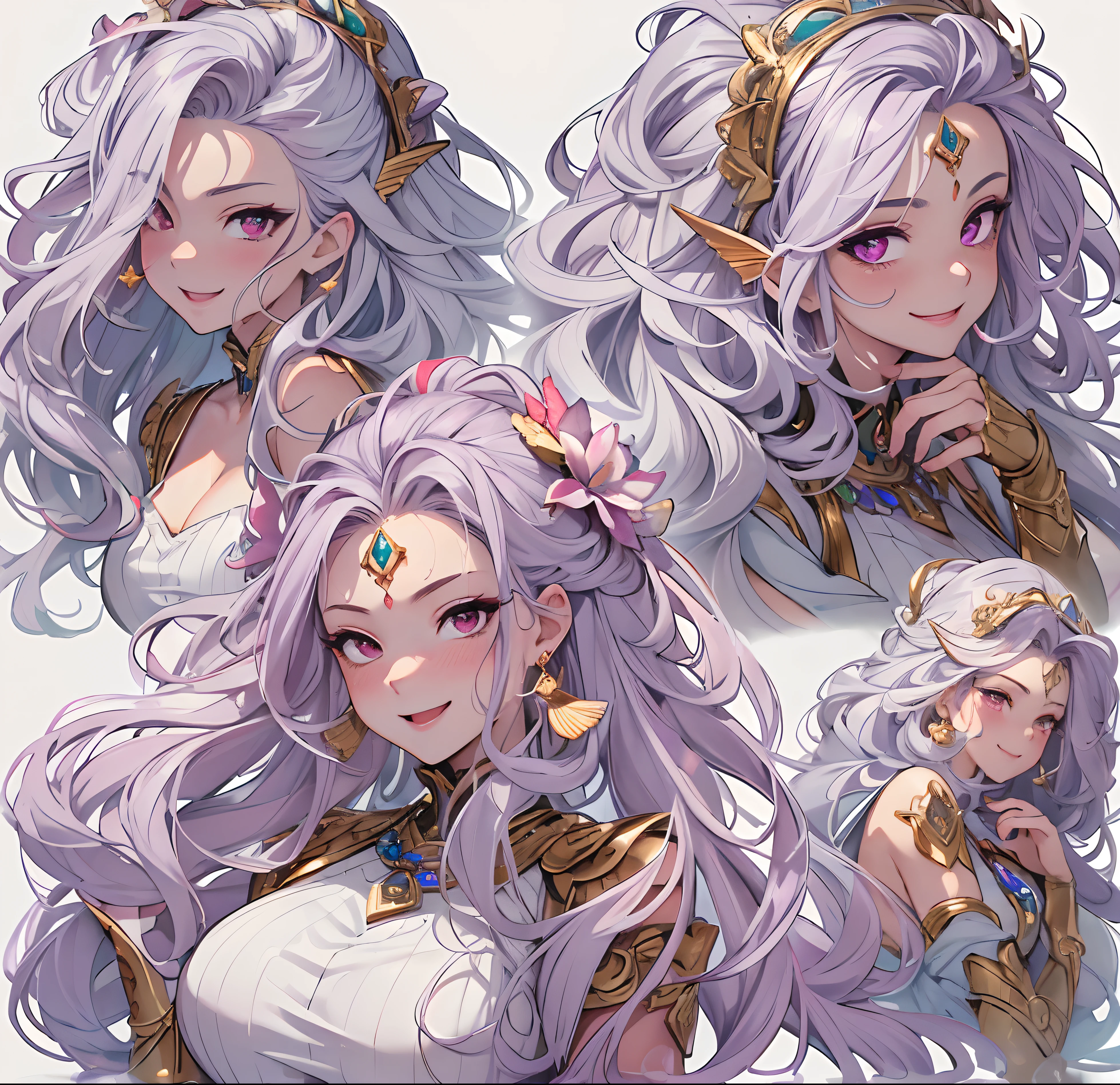 ((Masterpiece, Highest quality)), Detailed face, CharacterDesignSheet, full bodyesbian, Full of details, Multiple poses and expressions, Highly detailed, Depth, Many parts,Beautiful mermaid girl,Human fishtail,estilo fantasia,Extremely beautiful,High Balance, Natural light, Water ripples around, white hair, fish features, red eyes, gills, scales, sea shell hair ornament, red jewellery, deep blush, giggling, , sweating, heart in eyes, ((purple tinted skin)), blush, highlights, glossy lips, (((huge smile))), (((huge laugh))) (((evil smile)))