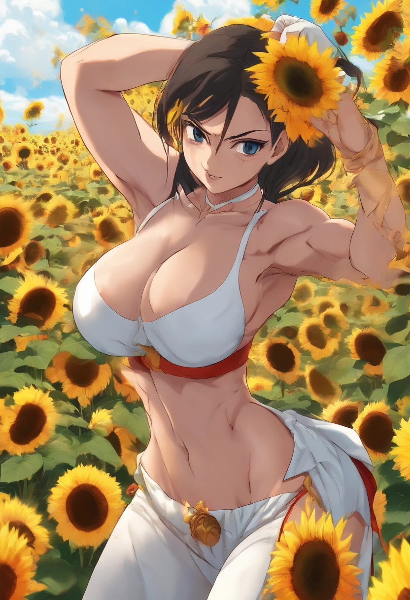 1 girl, (((raised high huge round buttocks))), Wide A sunflower field in full bloom,Back view of a woman in Translucent white thong (underwear),long shot,wide view, commercial photography,award-winning photograph,(photorealistic),unity 8k wallpaper,(ultra detailed:1.3),(light_on_face:1.4),CanonEOS 5D MarkIV DSLR