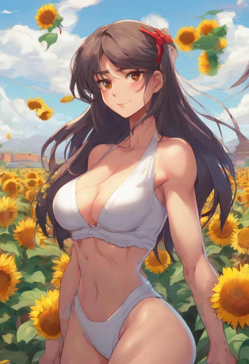 1 girl, (((raised high huge round buttocks))), Wide A sunflower field in full bloom,Back view of a woman in Translucent white thong (underwear),long shot,wide view, commercial photography,award-winning photograph,(photorealistic),unity 8k wallpaper,(ultra detailed:1.3),(light_on_face:1.4),CanonEOS 5D MarkIV DSLR