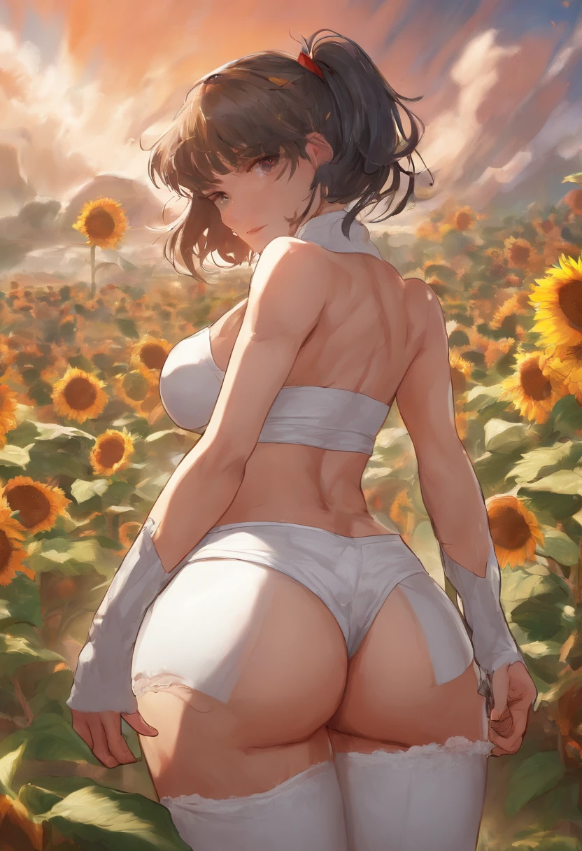 1 girl, (((raised high huge round buttocks))), Wide A sunflower field in full bloom,Back view of a woman in Translucent white thong (underwear),long shot,wide view, commercial photography,award-winning photograph,(photorealistic),unity 8k wallpaper,(ultra detailed:1.3),(light_on_face:1.4),CanonEOS 5D MarkIV DSLR