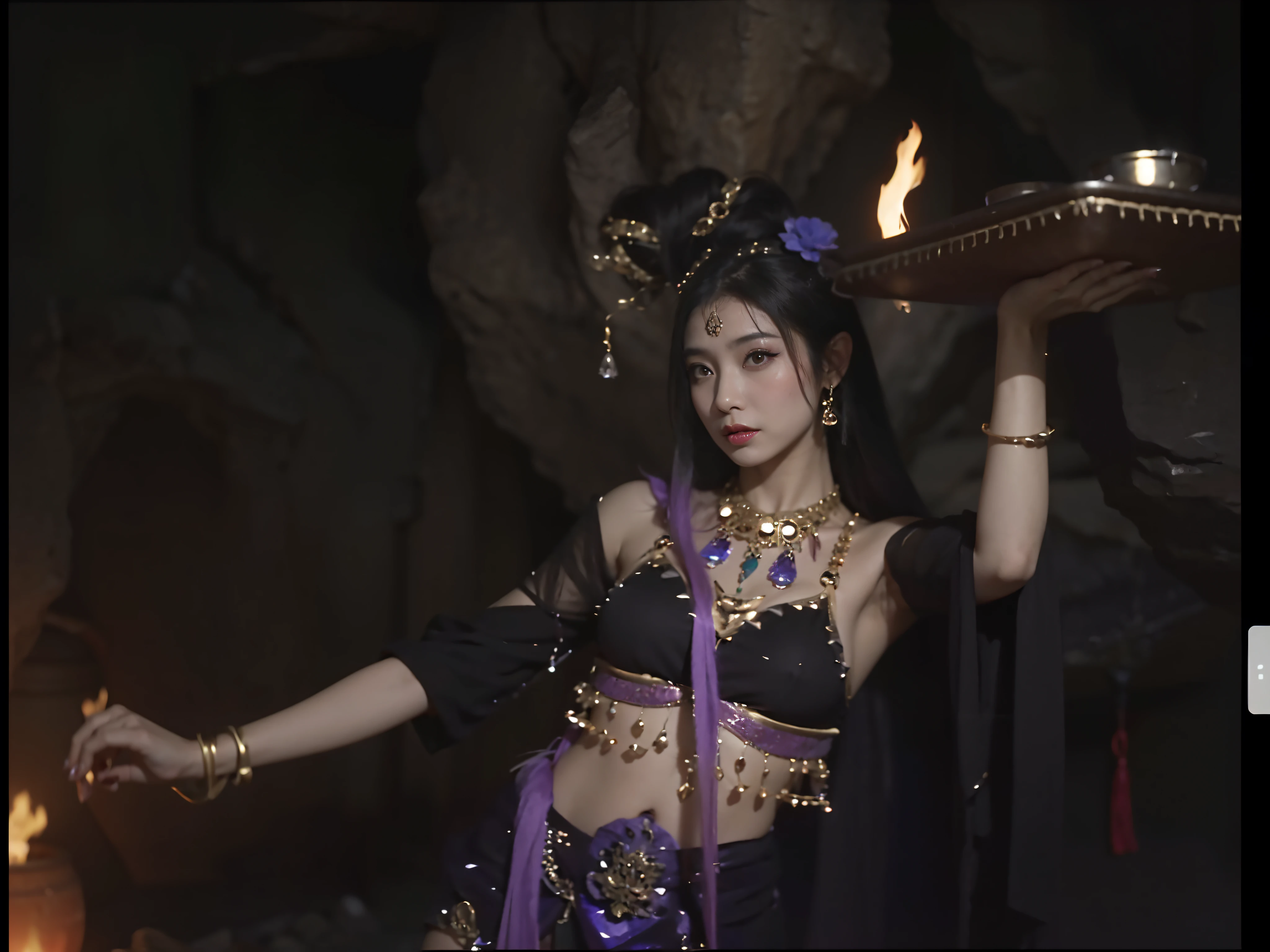 A Chinese succubus dressed in a belly dance costume holds a plate of wine jug in a cave, Naked all over the body, Big chest,very long fingernails,Facial Fascination,The hair twisted upwards on his cheeks,Lure men into sex and eat them,Li Tang hairstyle,heavy makeups,Feminine and charming,, 《Journey》The scene unfolds beneath a , she is dressed as a belly dancer, fantasy movie still, Underworld dancer, the sorceress casting a fireball