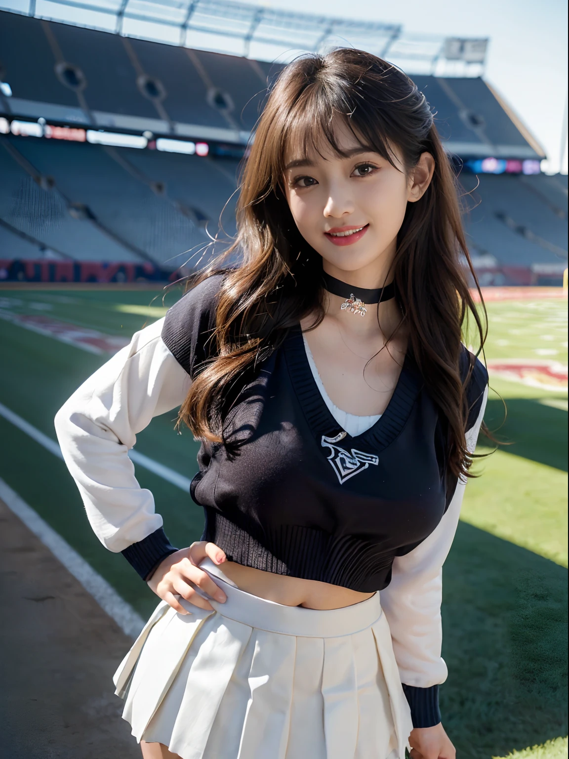 ((((top-quality))))、(((Ultra Precision CG16K Wallpapers)))、(((masterpiece)))、(((ultra-detailliert)))、(((Ultra-extreme details)))、One woman、a matural female、24-year-old woman、((Japanese face))、((extremely beautiful face))、((assist々Kiki:1.8))、((Semi-long cut:1.2))、(curly hair)、Bangs up to the eyebrows、Beautiful brown hair、Beautiful delicate eyes、Brown eyes、lofty nose、small nostrils、seductive lips、slightly open mouth、Beautiful breasts、C-cup size breasts、cleavage of the breast、Plump body、perfectly proportions、perfect anatomia、Beautiful and detailed shading、Beautiful natural lighting、Beautiful detail glow、depth of fields、(((a high chroma)))、((realisitic:1.9))、((Vivid:1.4))、((Beautiful skin))、((Skin texture))、perfect-composition、((cowboy shot))、((Angle seen from the front))、((a smile:1.2))、(Staring eyes)、Bright sunshine、((Standing by the lake))、(Background blur)、((Stadium Jumper:1.5))、((White pleated mini skirt:1.5))、(a choker)、