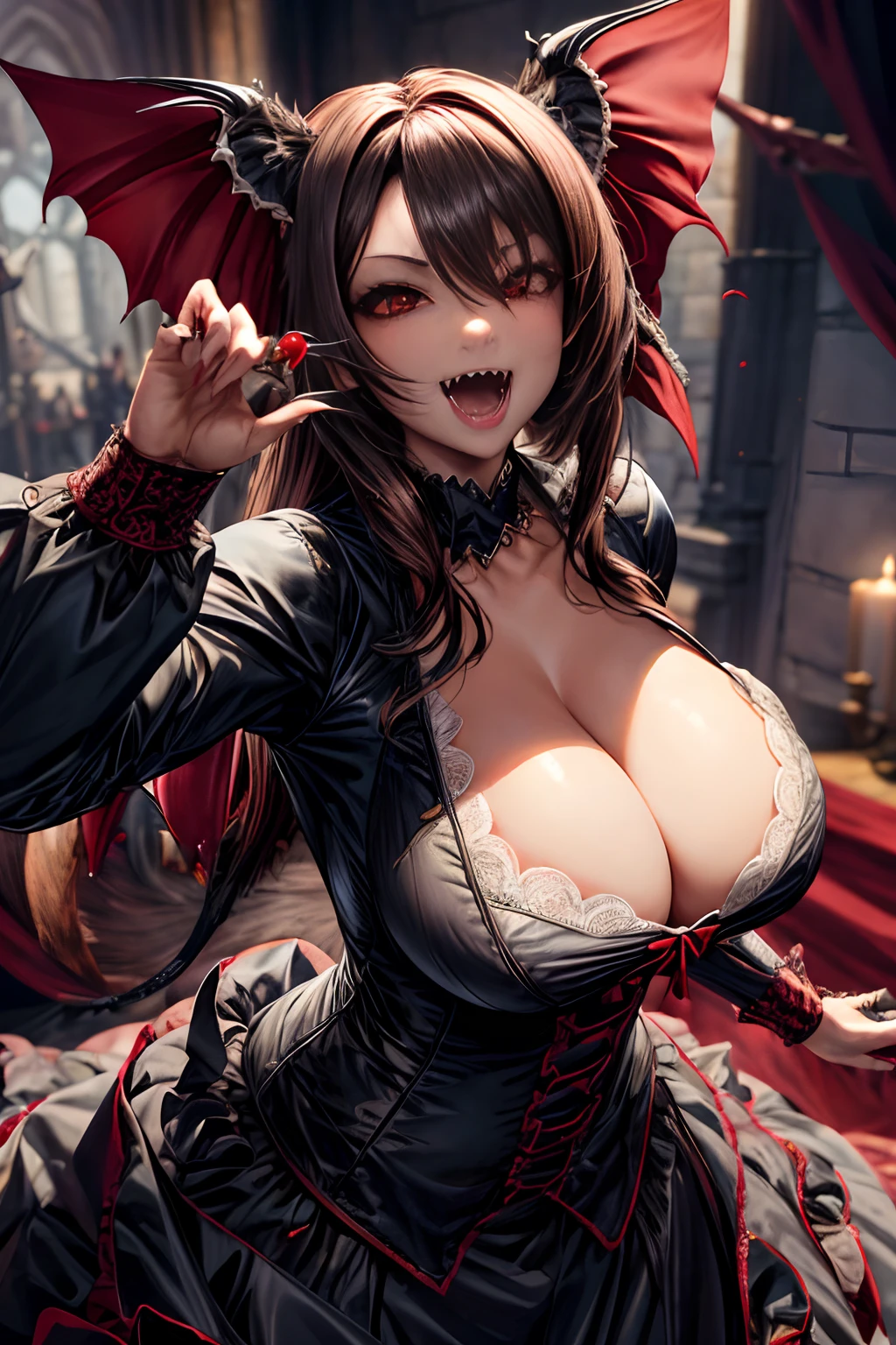 Female vampire in wedding dress, (detailed Large canines:1.5), (detailed fangs:1.5), Curvaceous body, fully clothed, detailed breasts, cleavage, giga_busty,