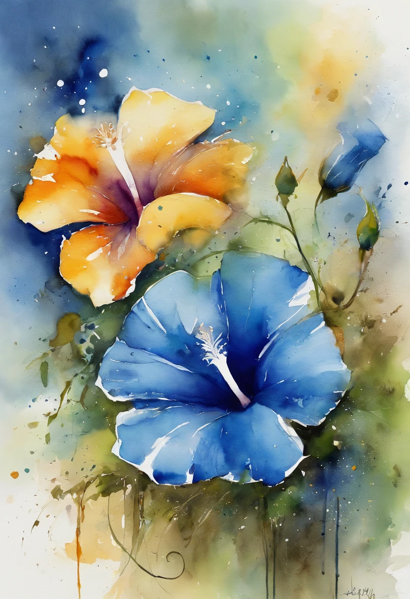 Blue morning glory painting with splatter background and spray paint effect, by Eugeniusz Zak, Watercolor art, by Károly Lotz, Watercolor painting, watercolor painting style, watercolor detailed art, by Reuben Tam, watercolor digital painting, watercolor paiting, Superbly detailed watercolor, Watercolor art, Grzegorz Rutkowski、Bright lighting