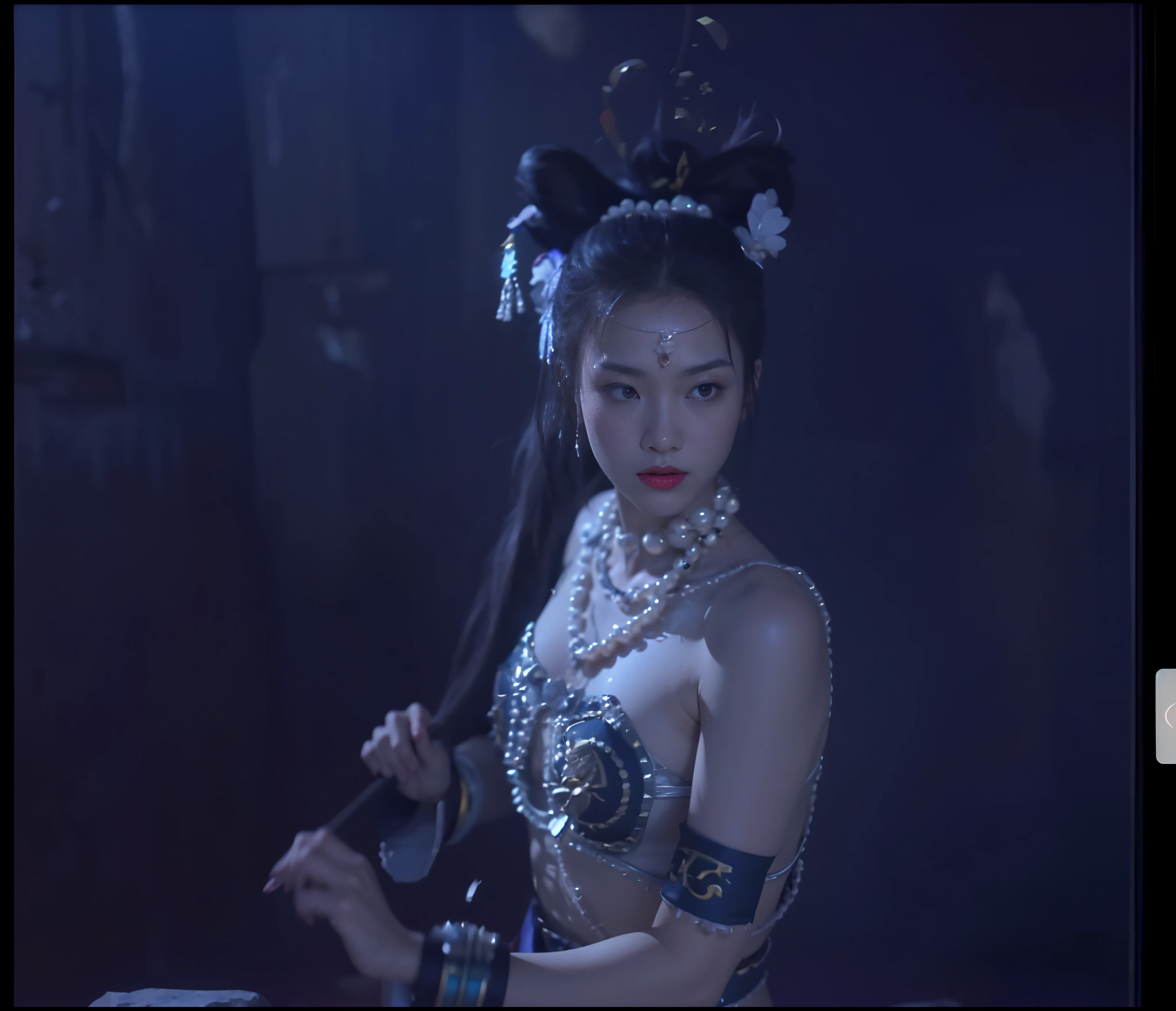 Bikinis with exposed clothes,open waist,Bare chest,Bare back,cropped shoulders,Chinese female ghost combs her hair, heavy makeups,Big chest,The bra is round,Both sides of the chest are also exposed,Charming and sexy,String of pearls。heavy makeups,long fingernails,Be prepared to lure a man into sex and eat it。Journey to the West,submerged temple dance scene, fantasy movie still, cinematic goddess close shot, Scene in the cave, cinematic goddess shot, screenshots from movies, movie screencap, cinematic goddess body shot