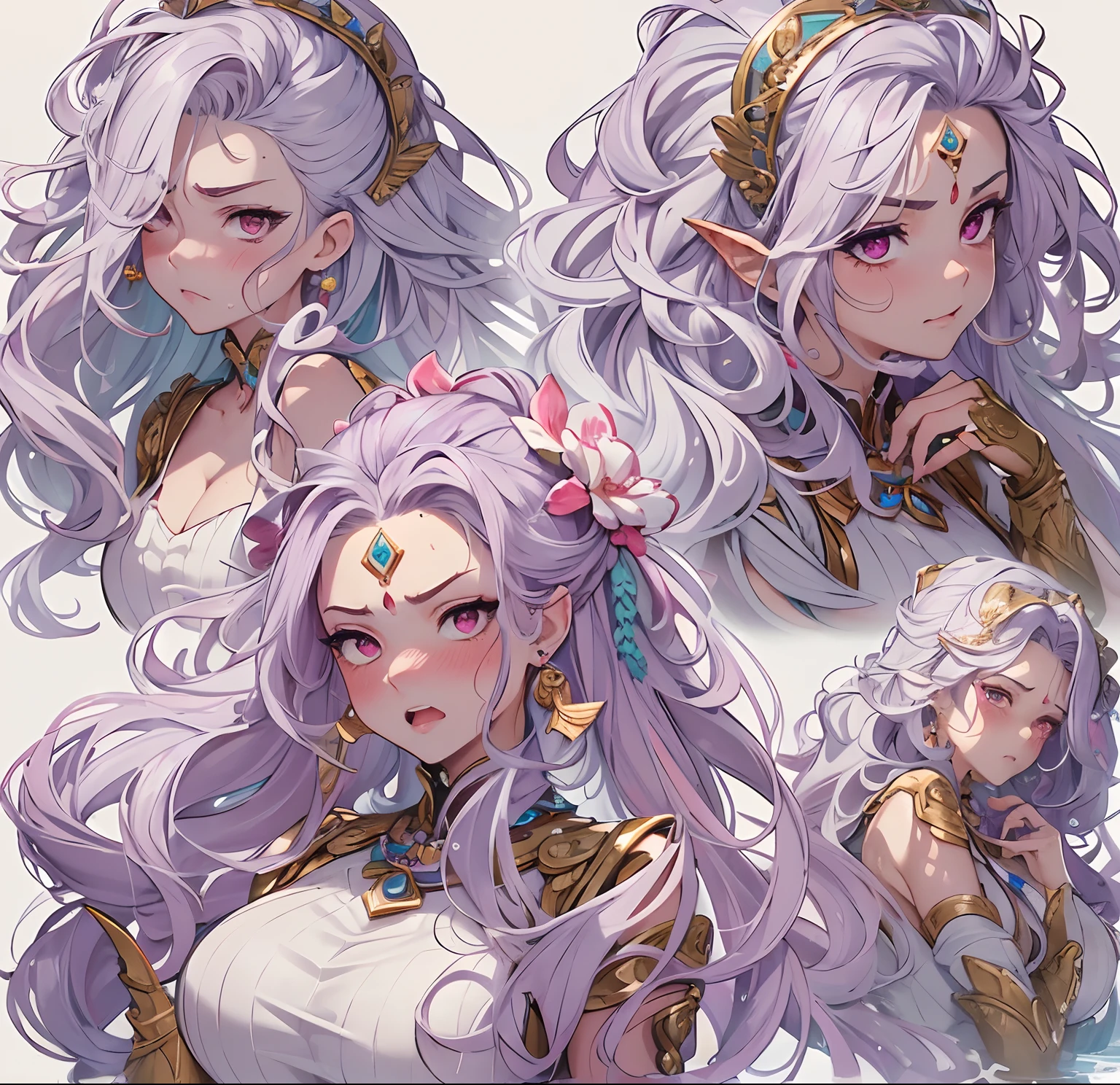 ((Masterpiece, Highest quality)), Detailed face, CharacterDesignSheet， full bodyesbian, Full of details, Multiple poses and expressions, Highly detailed, Depth, Many parts，Beautiful mermaid girl，Human fishtail，estilo fantasia，Extremely beautiful，High Balance, Natural light, Water ripples around, white hair, fish features, red eyes, gills, scales, sea shell hair ornament, red jewellery, deep blush, giggling, , sweating, heart in eyes, ((purple tinted skin)), blush, highlights, glossy lips, (((pissed))), (((furrowed brows))), ((very angry))