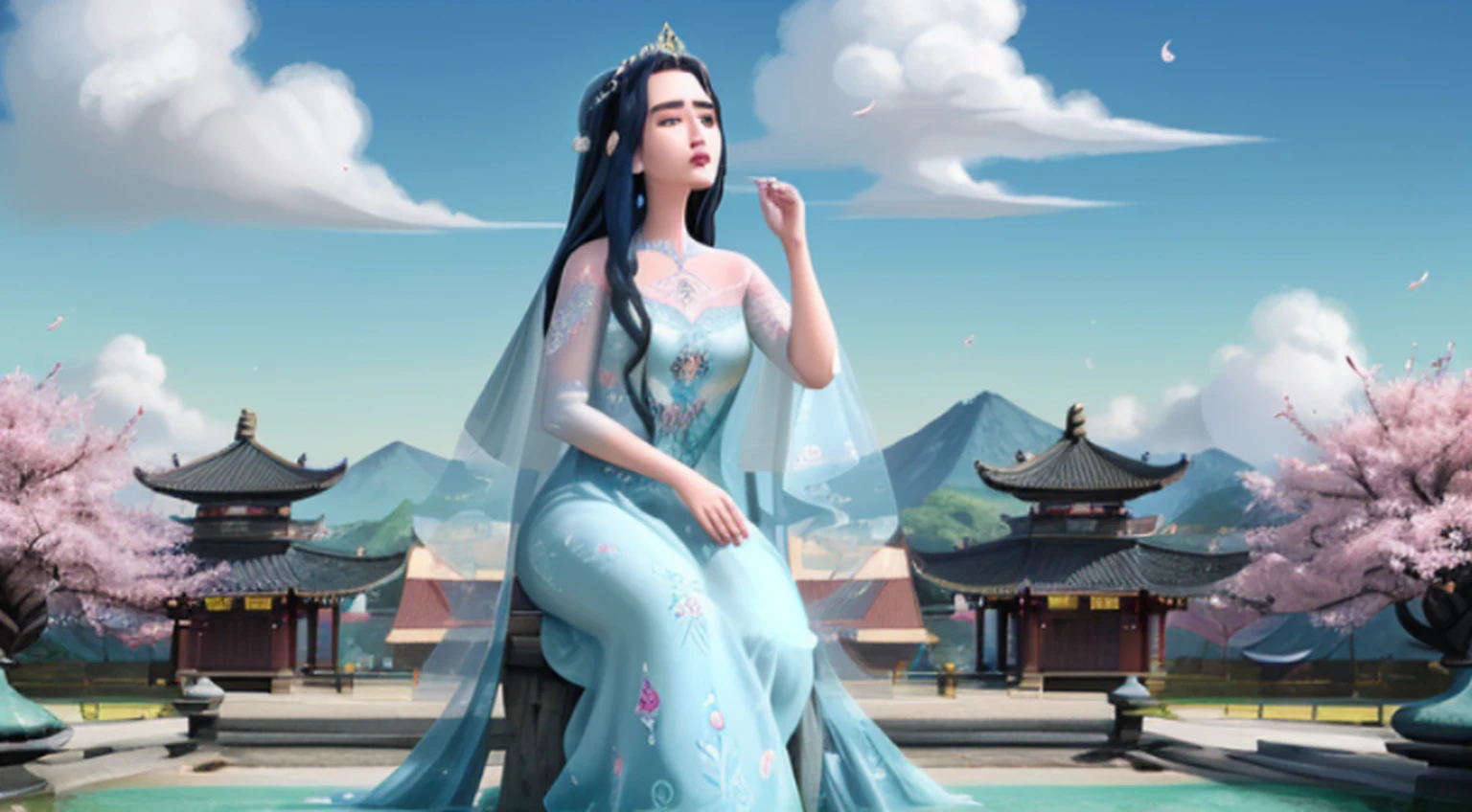 ((melhor qualidade)), ((obra-prima)), (detalhado), Empress Dragon "Jennifer Connelly", olhos realistas, cabelo preto, olhos azuis, seios pequenos, vestido de setin koreano sensual, paisagem maligna, ethereal beauty, (Fantasy Illustration:1.3), olhar encantador, pose cativante, garota solo, charme sobrenatural, mystical sky, gazebo,(escultura em papel:1.5),Stooping, (Mar de nuvens brancas:1.3), (nuvens brancas:1.3), (peach blossom:1.2), Montanhas, soft lighting,Elementos Orientais, sonhador, pastels colors, cores brilhantes, Traditional Chinese color scheme, ( Reasonable design, linhas claras, alta nitidez,melhor qualidade, Very detailed, master part, arte oficial, Efeito de luz do filme, 4k ),