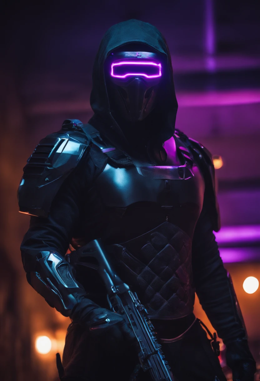cyberpunked neon light male people Half body machine cyborgs Full Metal Mask Near Future Ninja Awesome assassin purple tone Knife in left hand Lonely heights Killing Machine masutepiece Super beautiful、3-point live method、Oil Painting、Best Quality、hight resolution、foco nítido