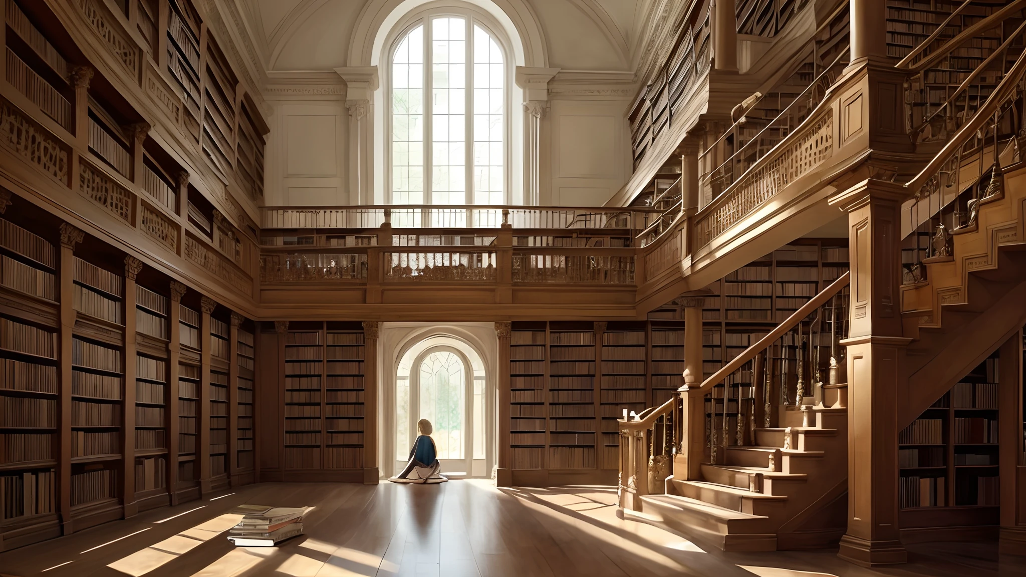 A water color portrait of a giant library. A girl sits on a staircase very far away, thinking about more books.