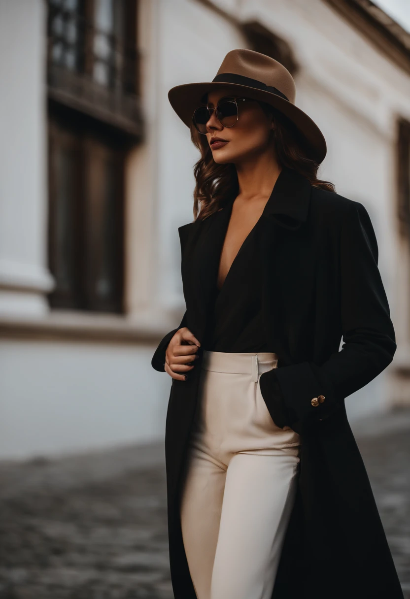 Woman in hat and sunglasses in front of a white wall, wearing sunglasses and a hat, he is wearing a hat, Stetson preto e casaco, Foto do perfil, usando um fedora, caracter with brown hat, a suited man in a hat, Fedora, he is wearing a black trenchcoat, Wearing Hat, Foto de um ensaio promocional