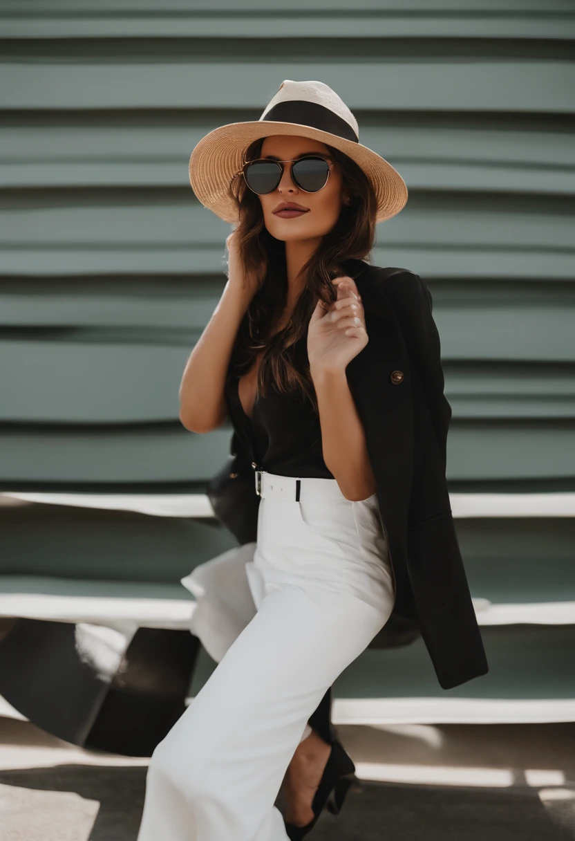 Woman in hat and sunglasses in front of a white wall, wearing sunglasses and a hat, he is wearing a hat, Stetson preto e casaco, Foto do perfil, usando um fedora, caracter with brown hat, a suited man in a hat, Fedora, he is wearing a black trenchcoat, Wearing Hat, Foto de um ensaio promocional