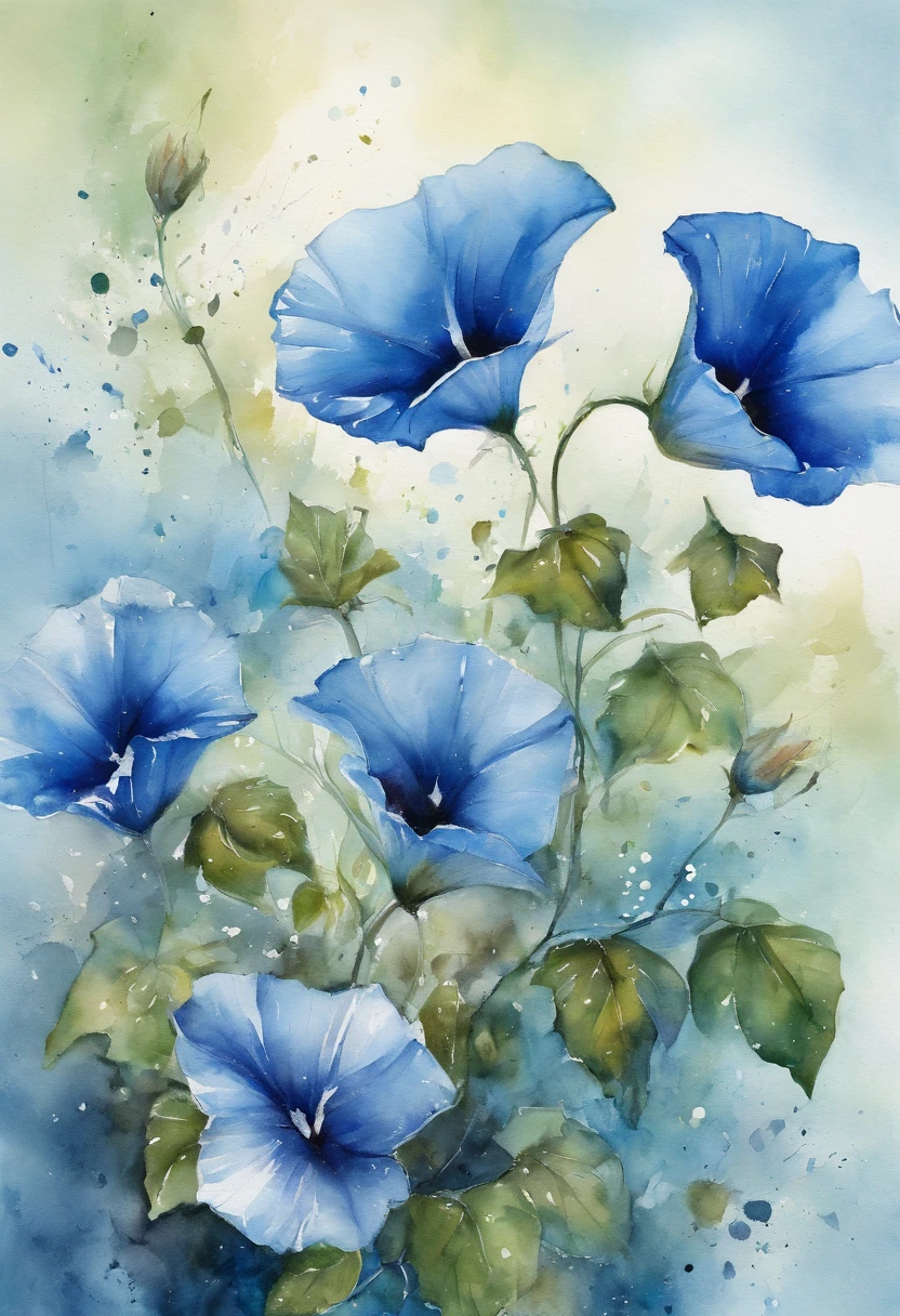 Blue morning glory painting with splatter background and spray paint effect, by Eugeniusz Zak, Watercolor art, by Károly Lotz, Watercolor painting, watercolor painting style, watercolor detailed art, by Reuben Tam, watercolor digital painting, watercolor paiting, Superbly detailed watercolor, Watercolor art, Grzegorz Rutkowski、Bright lighting、White background