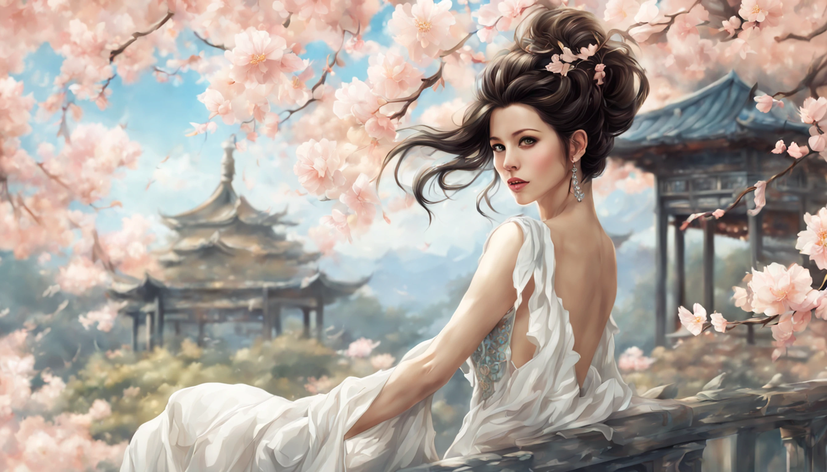 ((melhor qualidade)), ((obra-prima)), (detalhado), Empress Dragon "Kate Beckinsale", olhos realistas, cabelo preto, olhos azuis, seios pequenos, vestido de setin koreano sensual, paisagem maligna, ethereal beauty, (Fantasy Illustration:1.3), olhar encantador, pose cativante, garota solo, charme sobrenatural, mystical sky, gazebo,(escultura em papel:1.5),Stooping, (Mar de nuvens brancas:1.3), (nuvens brancas:1.3), (peach blossom:1.2), Montanhas, soft lighting，Elementos Orientais, sonhador, pastels colors, cores brilhantes, Traditional Chinese color scheme, ( Reasonable design, linhas claras, alta nitidez,melhor qualidade, Very detailed, master part, arte oficial, Efeito de luz do filme, 4k ),