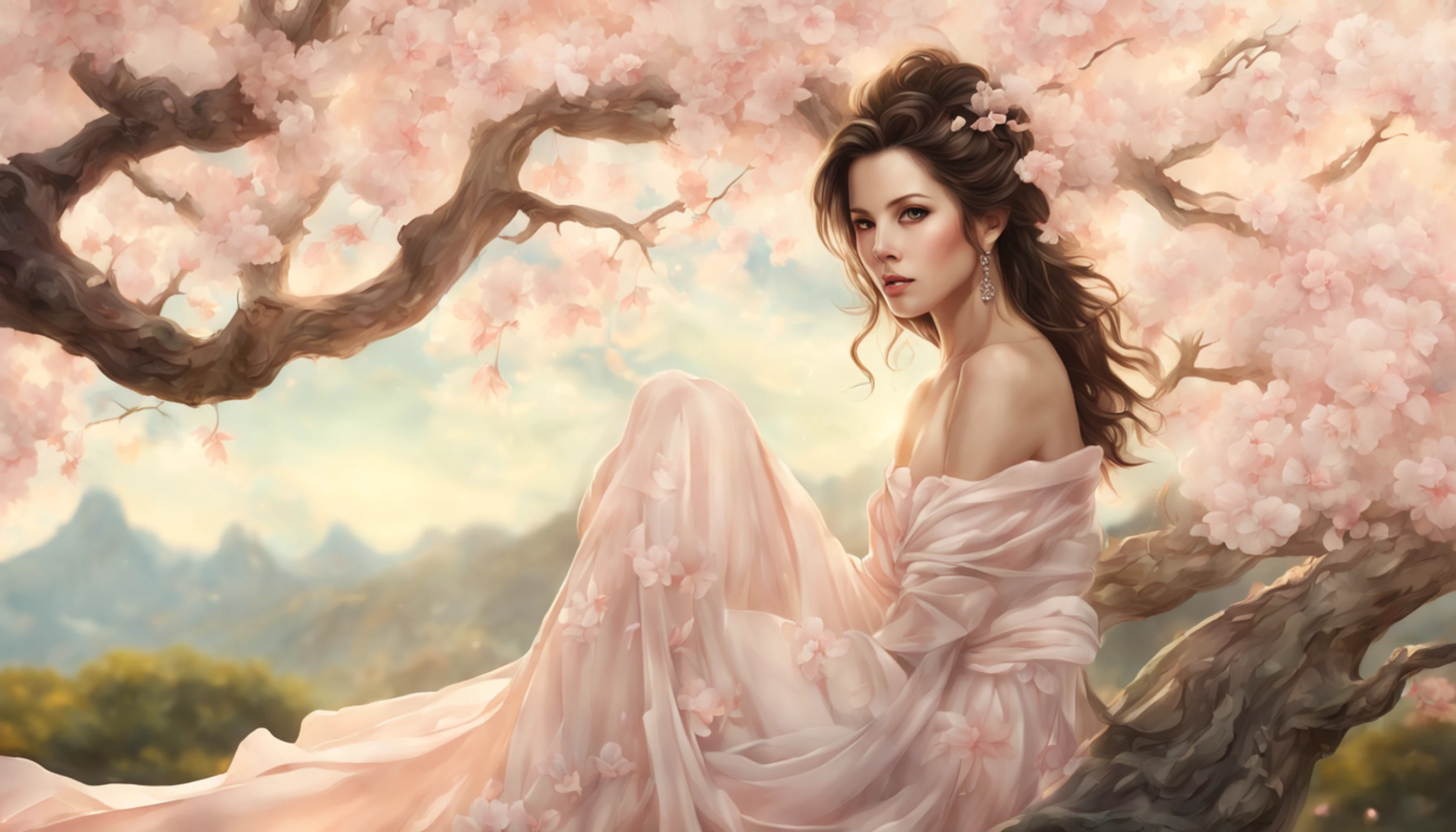 ((melhor qualidade)), ((obra-prima)), (detalhado), Empress Dragon "Kate Beckinsale", olhos realistas, cabelo preto, olhos azuis, seios pequenos, vestido de setin koreano sensual, paisagem maligna, ethereal beauty, (Fantasy Illustration:1.3), olhar encantador, pose cativante, garota solo, charme sobrenatural, mystical sky, gazebo,(escultura em papel:1.5),Stooping, (Mar de nuvens brancas:1.3), (nuvens brancas:1.3), (peach blossom:1.2), Montanhas, soft lighting，Elementos Orientais, sonhador, pastels colors, cores brilhantes, Traditional Chinese color scheme, ( Reasonable design, linhas claras, alta nitidez,melhor qualidade, Very detailed, master part, arte oficial, Efeito de luz do filme, 4k ),