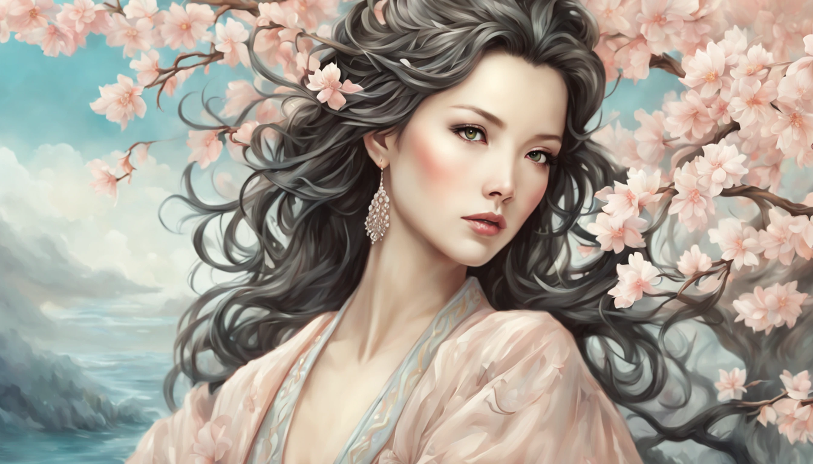 ((melhor qualidade)), ((obra-prima)), (detalhado), Empress Dragon "Kate Beckinsale", olhos realistas, cabelo preto, olhos azuis, seios pequenos, vestido de setin koreano sensual, paisagem maligna, ethereal beauty, (Fantasy Illustration:1.3), olhar encantador, pose cativante, garota solo, charme sobrenatural, mystical sky, gazebo,(escultura em papel:1.5),Stooping, (Mar de nuvens brancas:1.3), (nuvens brancas:1.3), (peach blossom:1.2), Montanhas, soft lighting，Elementos Orientais, sonhador, pastels colors, cores brilhantes, Traditional Chinese color scheme, ( Reasonable design, linhas claras, alta nitidez,melhor qualidade, Very detailed, master part, arte oficial, Efeito de luz do filme, 4k ),