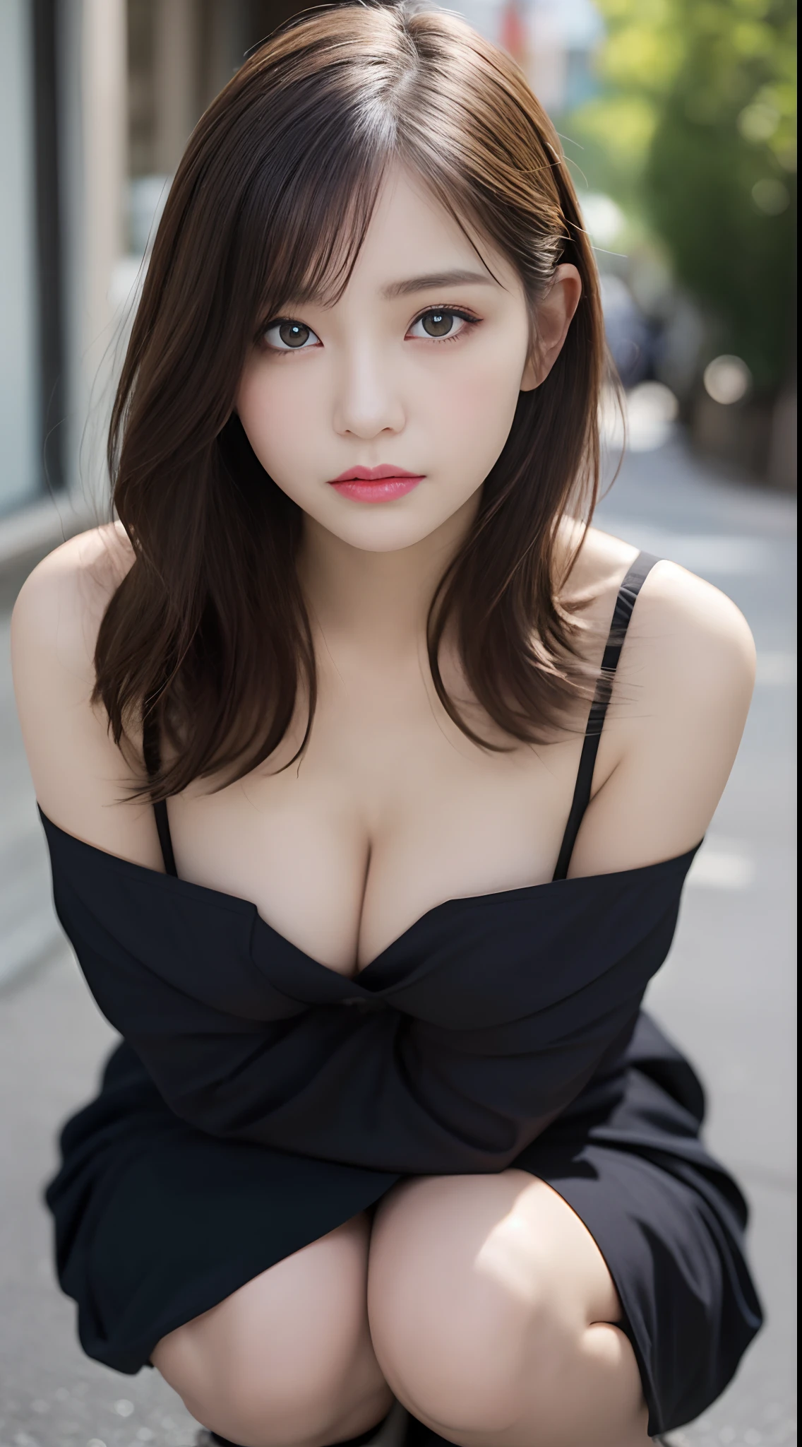 finely detail, hight resolution, hightquality、Perfect dynamic composition, Beautiful detailed eyes, Medium Hair, Colossal tits 、Natural Color Lip, Squatting,Kamimei、Shibuya、college aged、1 persons、Transparent skin、Glowing hair