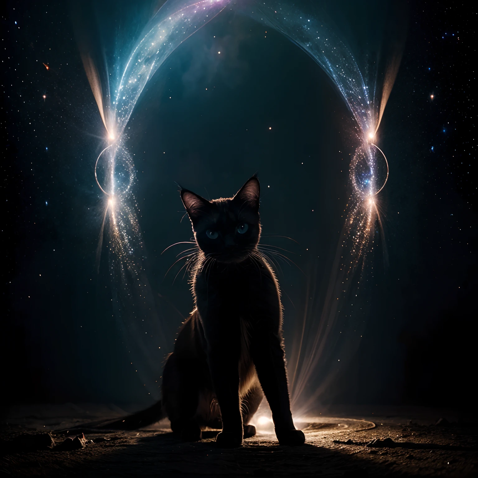 Realistic, siamese cat, space, nebula whirls, space, good illumination, epic photo