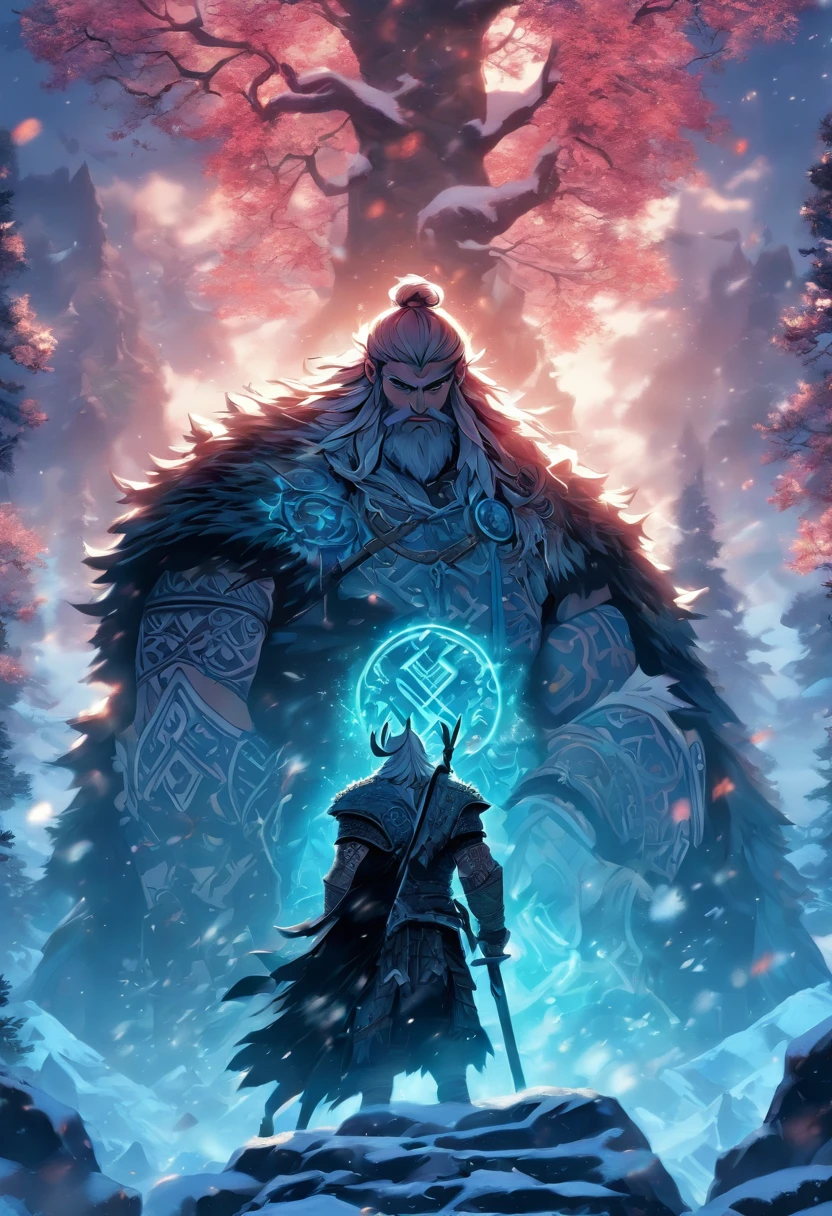 the best quality, very high resolution, detailed 4K CG, master piece, Baldur, Norse god, handsome man, rune tattoos, Viking, snow, tall trees, blue sky, Norse mythology, Viking rune tattoo, beautiful aesthetics, Beautiful image, Beautiful ancient ruins in the back