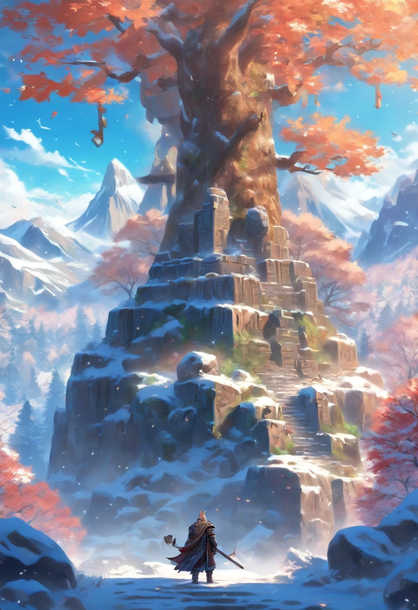 the best quality, very high resolution, detailed 4K CG, master piece, Baldur, Norse god, handsome man, rune tattoos, Viking, snow, tall trees, blue sky, Norse mythology, Viking rune tattoo, beautiful aesthetics, Beautiful image, Beautiful ancient ruins in the back