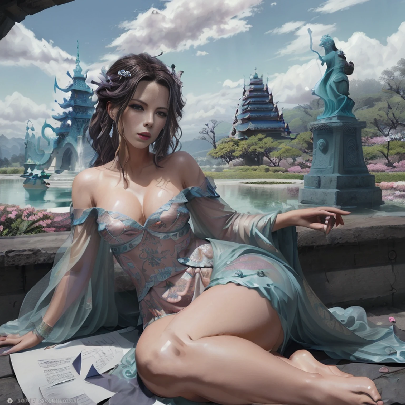 ((melhor qualidade)), ((obra-prima)), (detalhado), Empress Dragon "Kate Beckinsale", olhos realistas, cabelo preto, olhos azuis, seios pequenos, vestido de setin koreano sensual, paisagem maligna, ethereal beauty, (Fantasy Illustration:1.3), olhar encantador, pose cativante, garota solo, charme sobrenatural, mystical sky, gazebo,(escultura em papel:1.5),Stooping, (Mar de nuvens brancas:1.3), (nuvens brancas:1.3), (peach blossom:1.2), Montanhas, soft lighting,Elementos Orientais, sonhador, pastels colors, cores brilhantes, Traditional Chinese color scheme, ( Reasonable design, linhas claras, alta nitidez,melhor qualidade, Very detailed, master part, arte oficial, Efeito de luz do filme, 4k ),