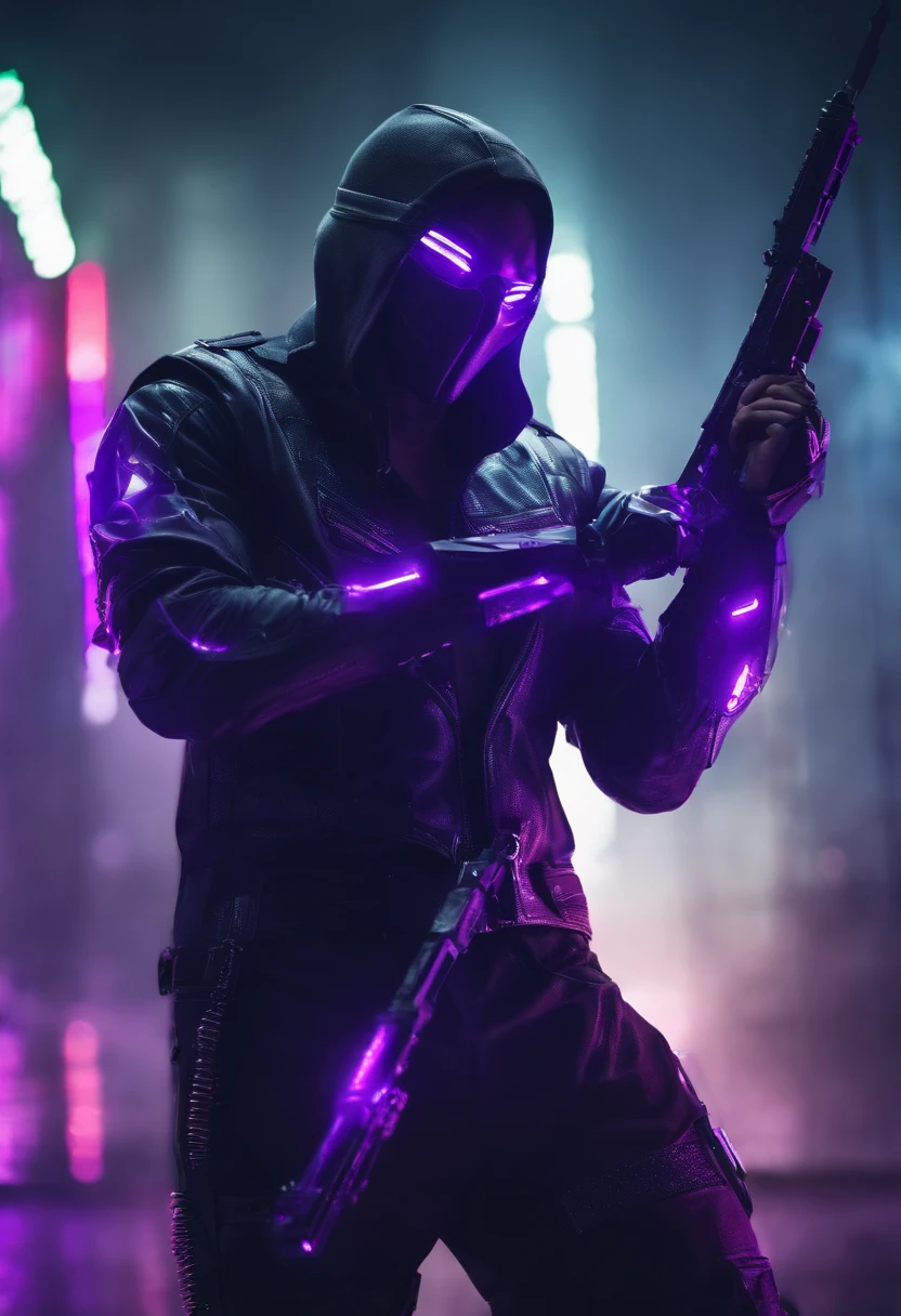 cyberpunked neon light male people Half body machine cyborgs Full Metal Mask Near Future Ninja Awesome assassin purple tone Knife in left hand Lonely heights Killing Machine masutepiece Super beautiful、