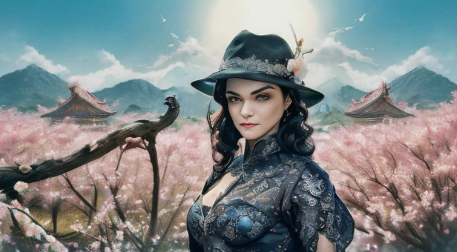 ((melhor qualidade)), ((obra-prima)), (detalhado), Empress Dragon "Rachel Weisz", olhos realistas, cabelo preto, olhos azuis, seios pequenos, vestido de setin koreano sensual, paisagem maligna, ethereal beauty, (Fantasy Illustration:1.3), olhar encantador, pose cativante, garota solo, charme sobrenatural, mystical sky, gazebo,(escultura em papel:1.5),Stooping, (Mar de nuvens brancas:1.3), (nuvens brancas:1.3), (peach blossom:1.2), Montanhas, soft lighting，Elementos Orientais, sonhador, pastels colors, cores brilhantes, Traditional Chinese color scheme, ( Reasonable design, linhas claras, alta nitidez,melhor qualidade, Very detailed, master part, arte oficial, Efeito de luz do filme, 4k ),