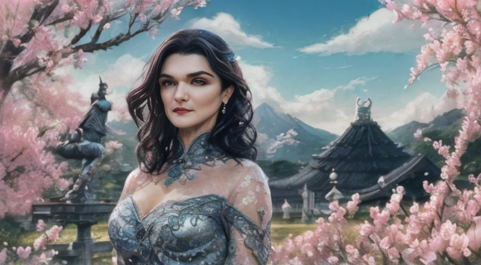 ((melhor qualidade)), ((obra-prima)), (detalhado), Empress Dragon "Rachel Weisz", olhos realistas, cabelo preto, olhos azuis, seios pequenos, vestido de setin koreano sensual, paisagem maligna, ethereal beauty, (Fantasy Illustration:1.3), olhar encantador, pose cativante, garota solo, charme sobrenatural, mystical sky, gazebo,(escultura em papel:1.5),Stooping, (Mar de nuvens brancas:1.3), (nuvens brancas:1.3), (peach blossom:1.2), Montanhas, soft lighting，Elementos Orientais, sonhador, pastels colors, cores brilhantes, Traditional Chinese color scheme, ( Reasonable design, linhas claras, alta nitidez,melhor qualidade, Very detailed, master part, arte oficial, Efeito de luz do filme, 4k ),