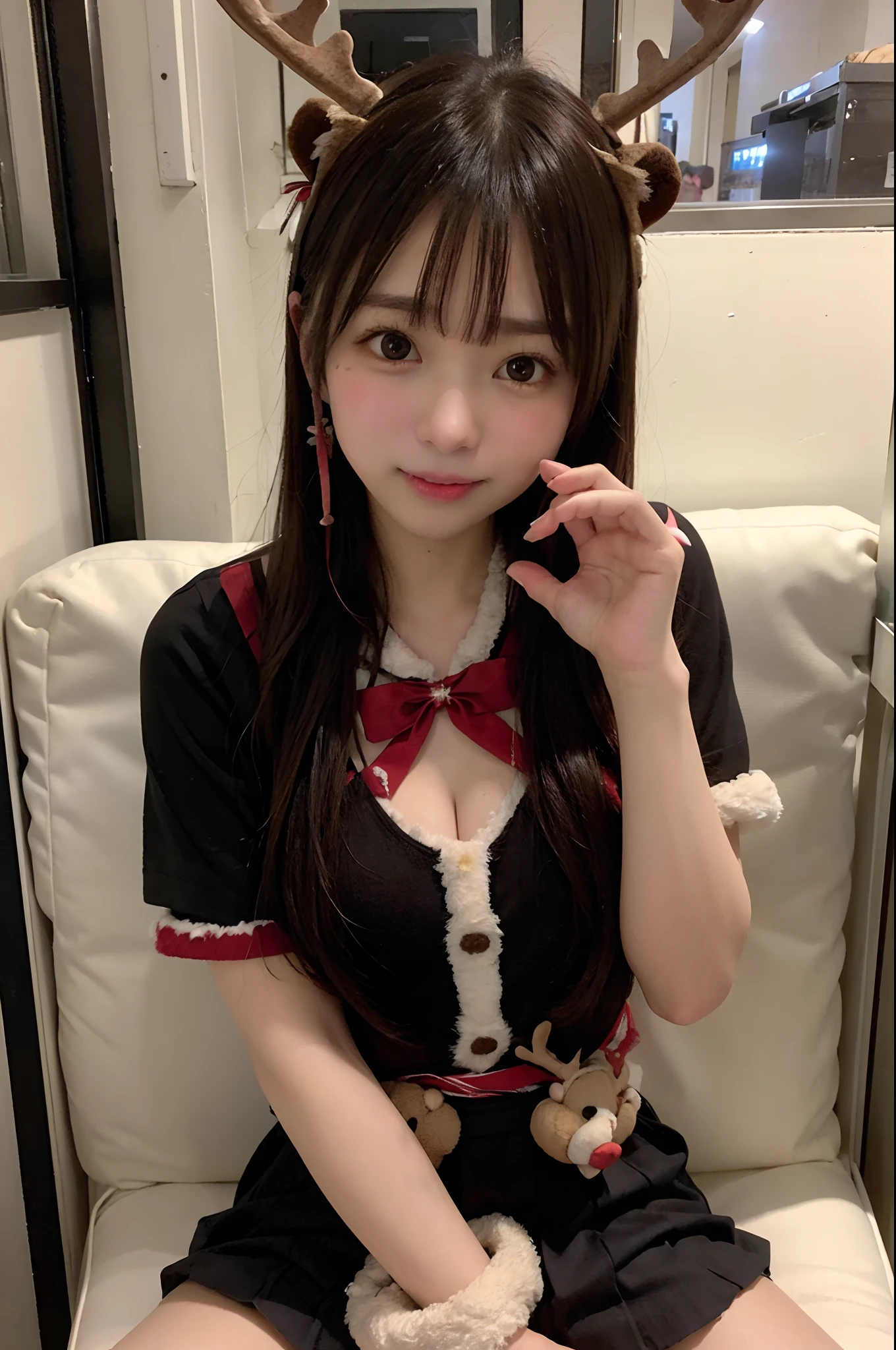 high-school uniform:1.3, (((Idol Who Loves Reindeer Teddy Bear))),