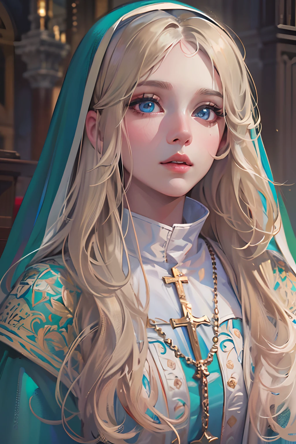 (best quality,4k,8k,highres,masterpiece:1.2),ultra-detailed,realistic,beautiful detailed blue eyes,beautiful detailed lips,extremely detailed face,long hair,1girl,beautiful blonde girl,wearing a nun's outfit,cute,attractive,church, retrato, detailed eyes