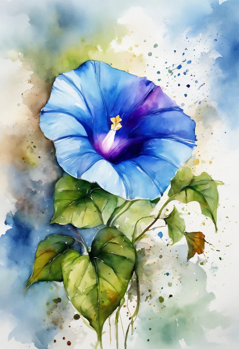 Blue morning glory painting with splatter background and spray paint effect, by Eugeniusz Zak, Watercolor art, by Károly Lotz, Watercolor painting, watercolor painting style, watercolor detailed art, by Reuben Tam, watercolor digital painting, watercolor paiting, Superbly detailed watercolor, Watercolor art, Grzegorz Rutkowski、Bright lighting、White background、Colorful morning glory