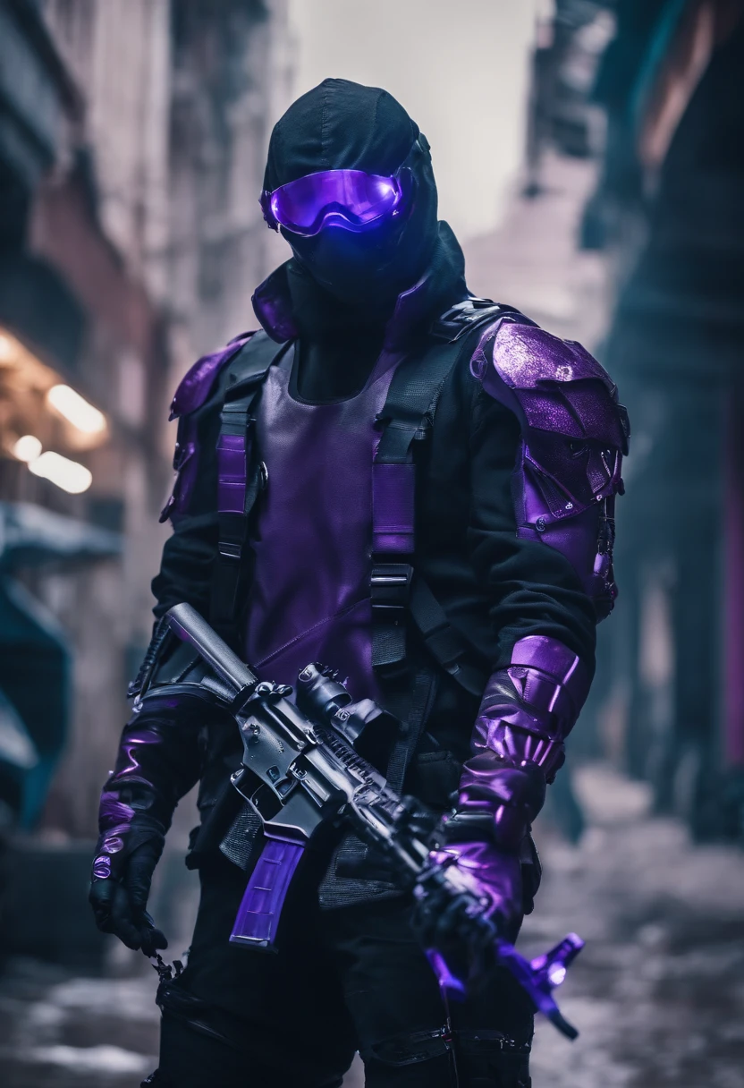 cyberpunked　male people　Half body machine　cyborgs　Full Metal Mask　Near Future Ninja　Awesome assassin　purple tone　Knife in left hand　Lonely heights　Killing Machine　masutepiece　Super beautiful、