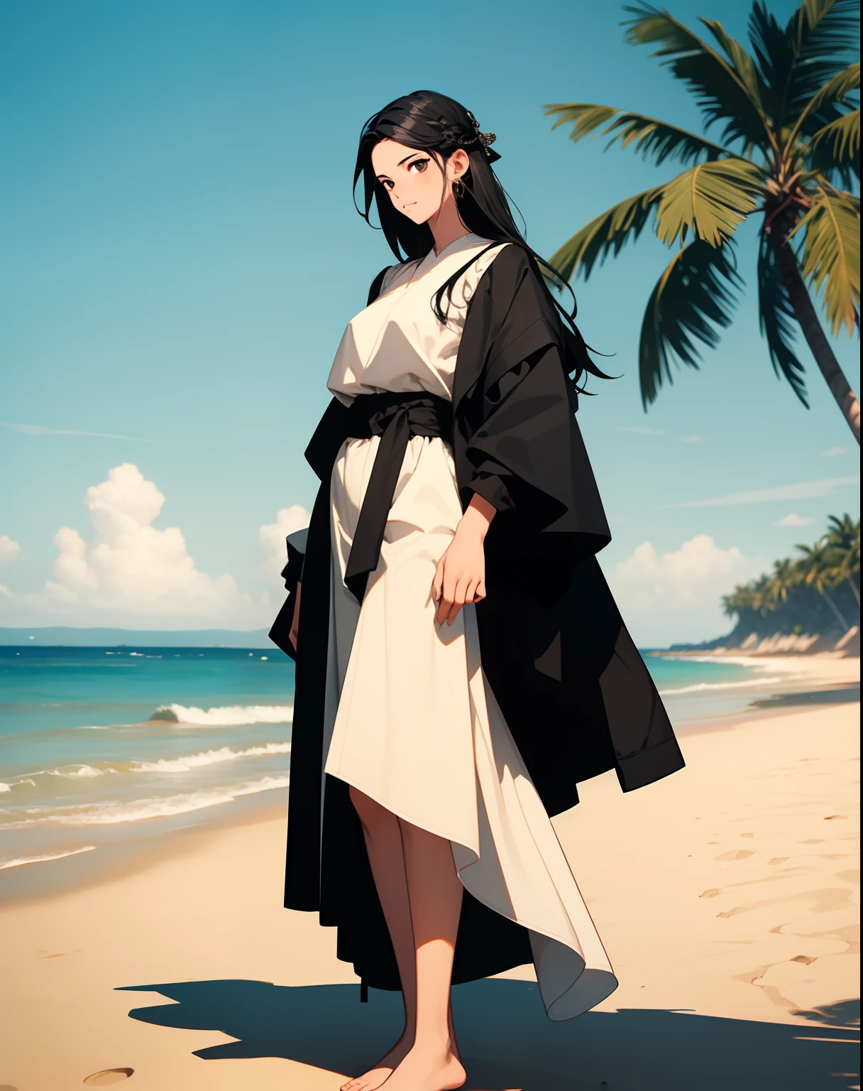 (SFW)Menina madura, cabelo preto, cabelo flutuante, olhos delicados, pupilas vermelhas, heroine, preto e branco antigo damasco hanfu, seios pequenos,pose distinta e repleta de charme,FOV, f1.8, obra-prima, cena complexa, Beautiful full body portrait walking barefoot on the sand of a deserted beach, tiro unico