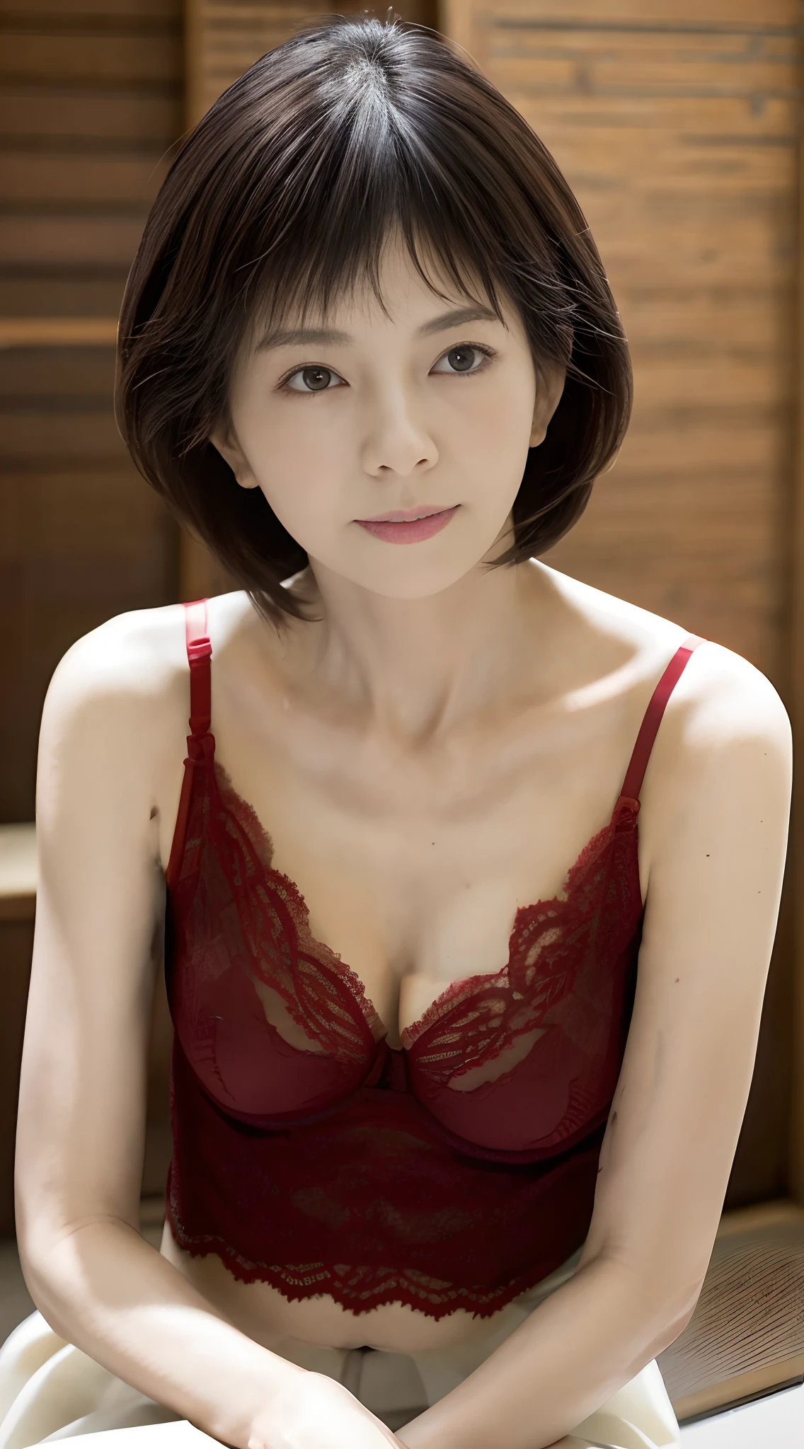 Wearing thin, red lace underwear, The stomach is visible, Shorthair