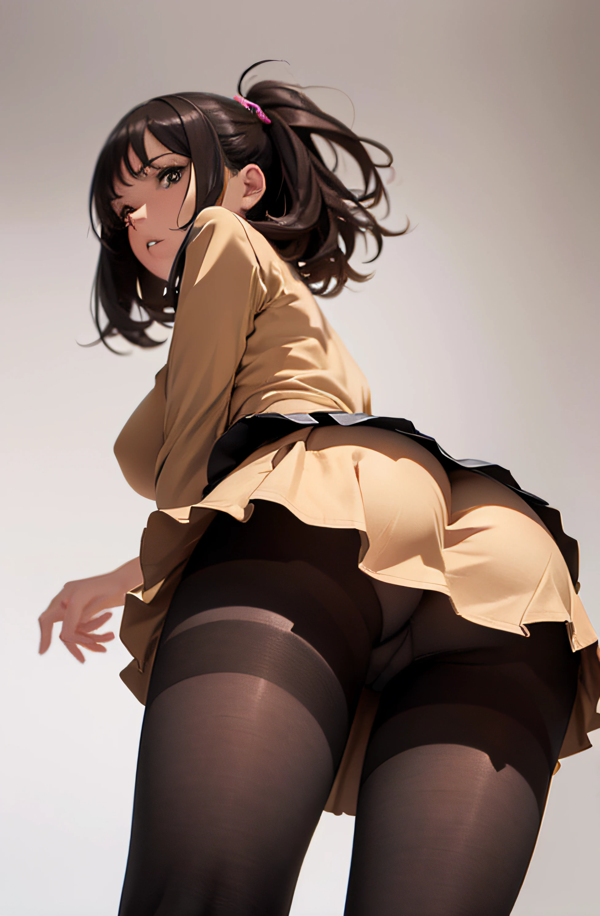 (((Shooting from a low angle below))), a girl in a tight skirt, showing her underwear, long stockings or pantyhose, (upskirt), camel toe, sexy underwear, medium breasts, legs spread, (very detailed), ((perfectly detailed face)), (detailed face), (detailed hand), (detailed hand), photorealistic image.