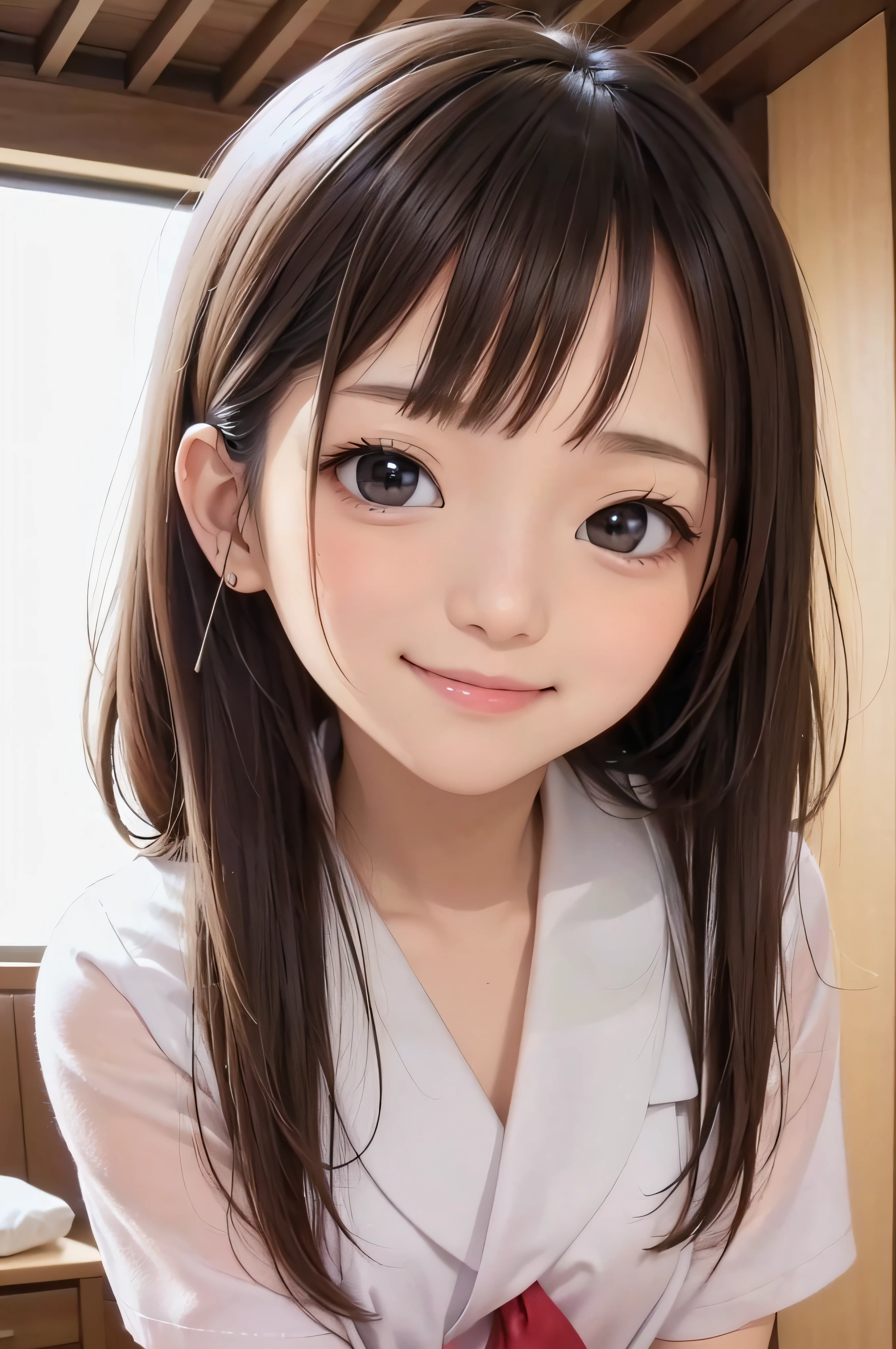 (Background white、White background、The background is all white)、17 age、brown haired、beautidful eyes、real looking skin、hi-school girl、a sailor suit、small tits、(8K、masterpiece)、(reallistic、Photorealsitic)、top-quality、ighly detailed、The ultra-detailliert、Beautie、cute little、japanes、Idol、a smile、ssmile、Close-up portrait、Healthy face