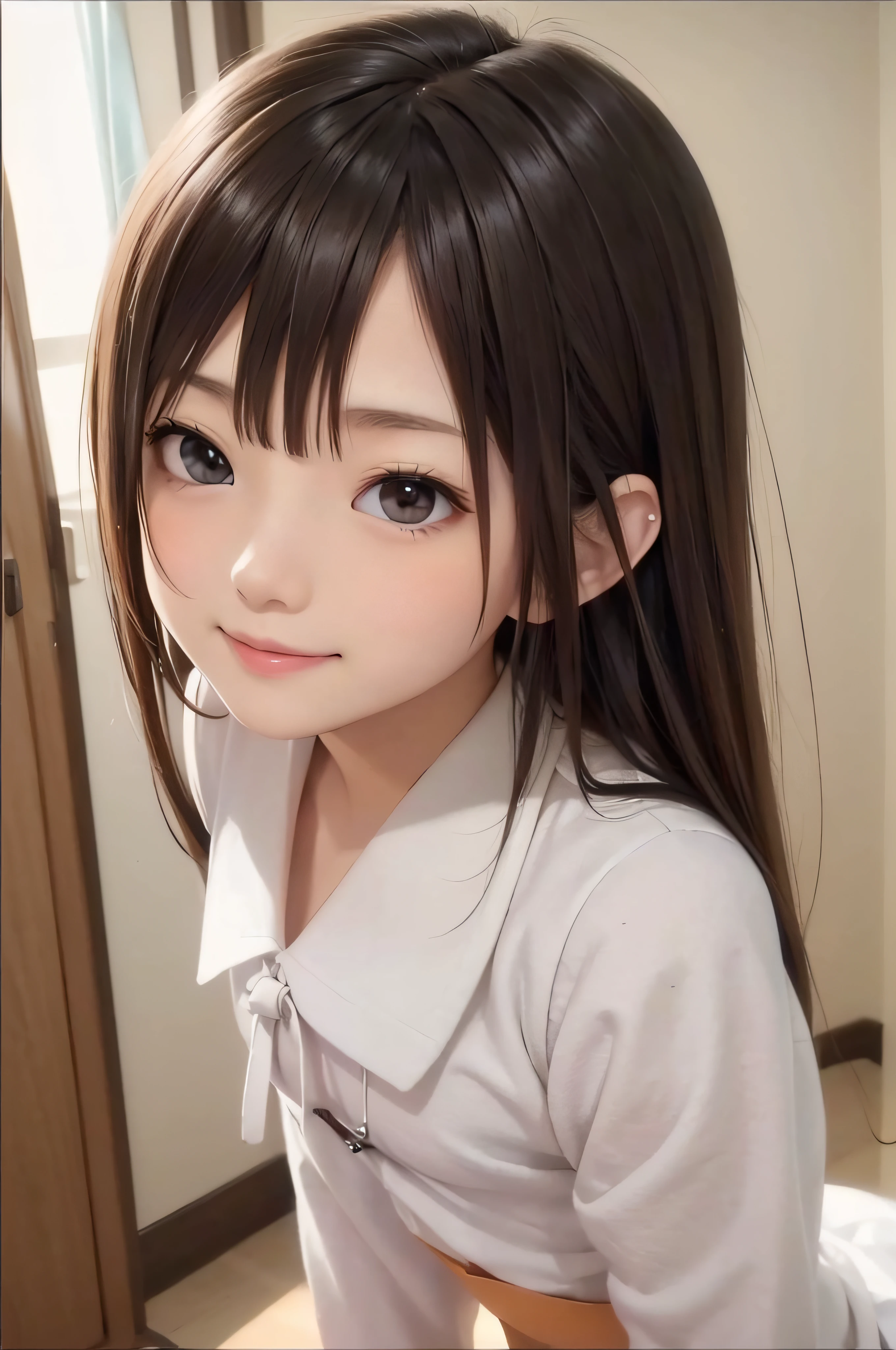 (Background white、White background、The background is all white)、17 age、brown haired、beautidful eyes、real looking skin、hi-school girl、a sailor suit、small tits、(8K、​masterpiece)、(reallistic、Photorealsitic)、top-quality、ighly detailed、The ultra-detailliert、Beautie、cute little、japanes、Idol、a smile、ssmile、Close-up portrait、Healthy face