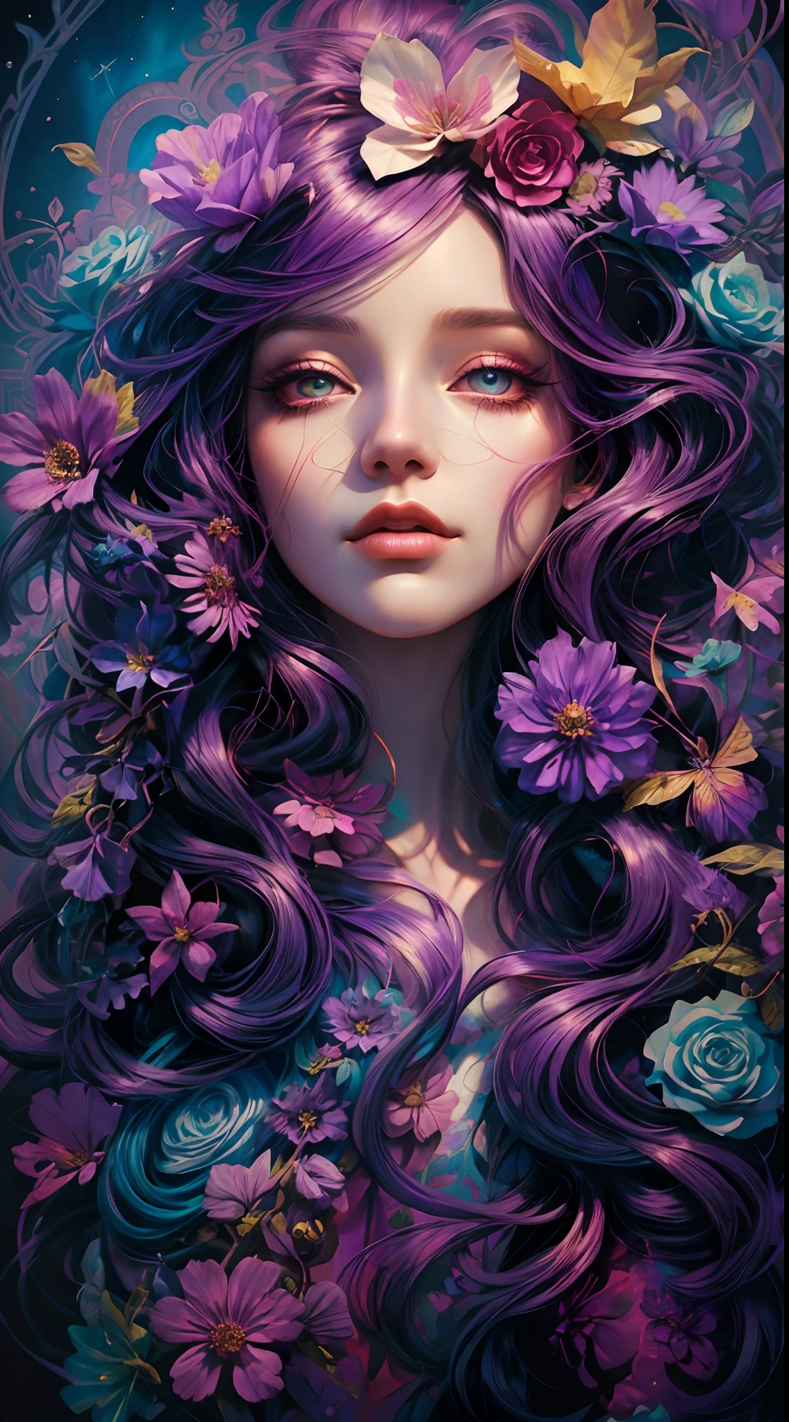 uma pintura de uma mulher com cabelo roxo e flores em seu cabelo, Jen Bartel, Beeple e Jeremias Ketner, Beautiful digital illustration, exquisite digital illustration, lindo arte digital, Bela arte UHD 4K, Artgerm e James Jean, Artgerm Julie Bell Beeple, bela arte digital, inspirado em Jeremiah Ketner, a beautiful artwork illustration